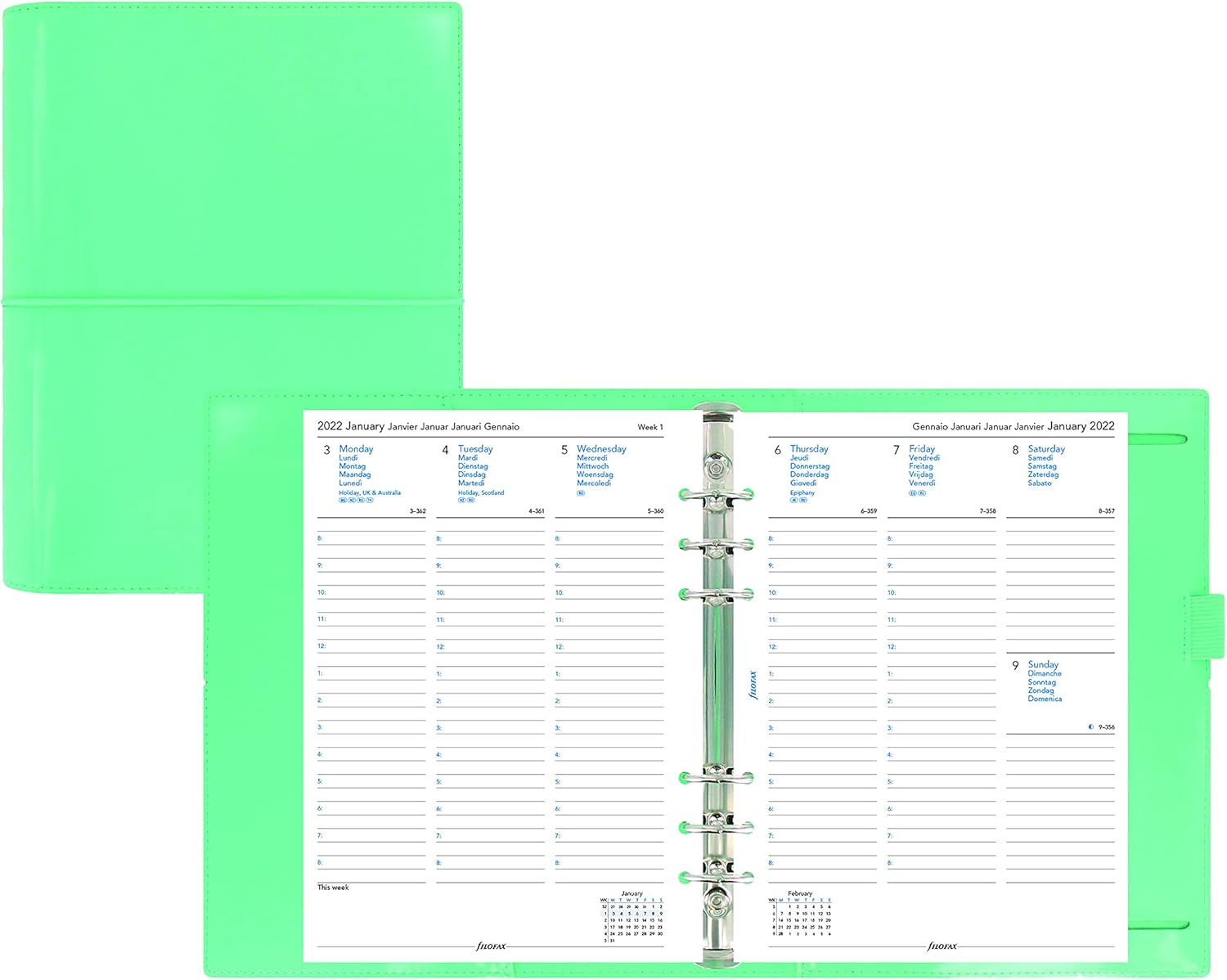 Filofax Domino Patent Organizer, A5 Size, Turquoise - High-Gloss, Contemporary, Six Rings, Week-to-View Calendar Diary, Multilingual, 2025 (C022515-25)