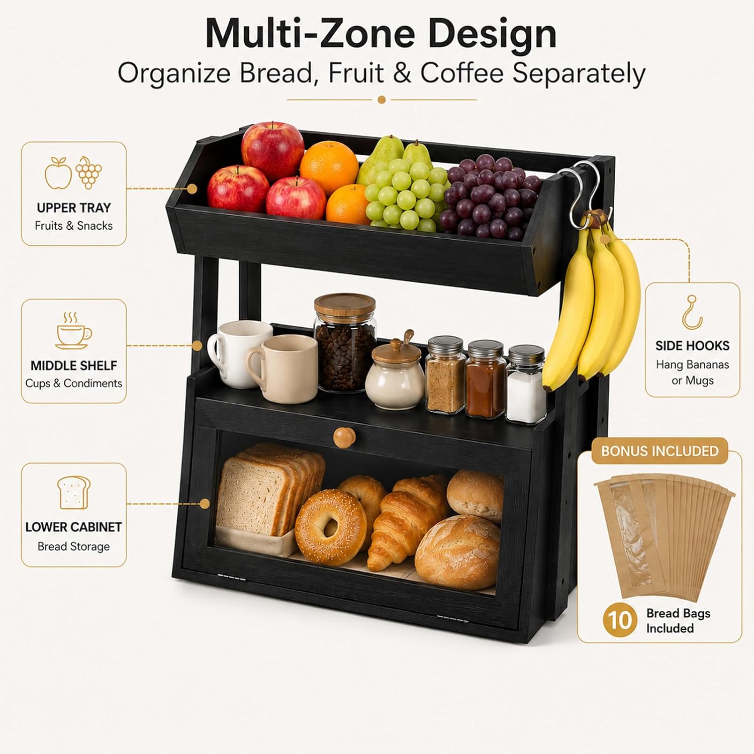 3-Tier Bamboo Bread Box for Kitchen Countertop with Fruit Basket
