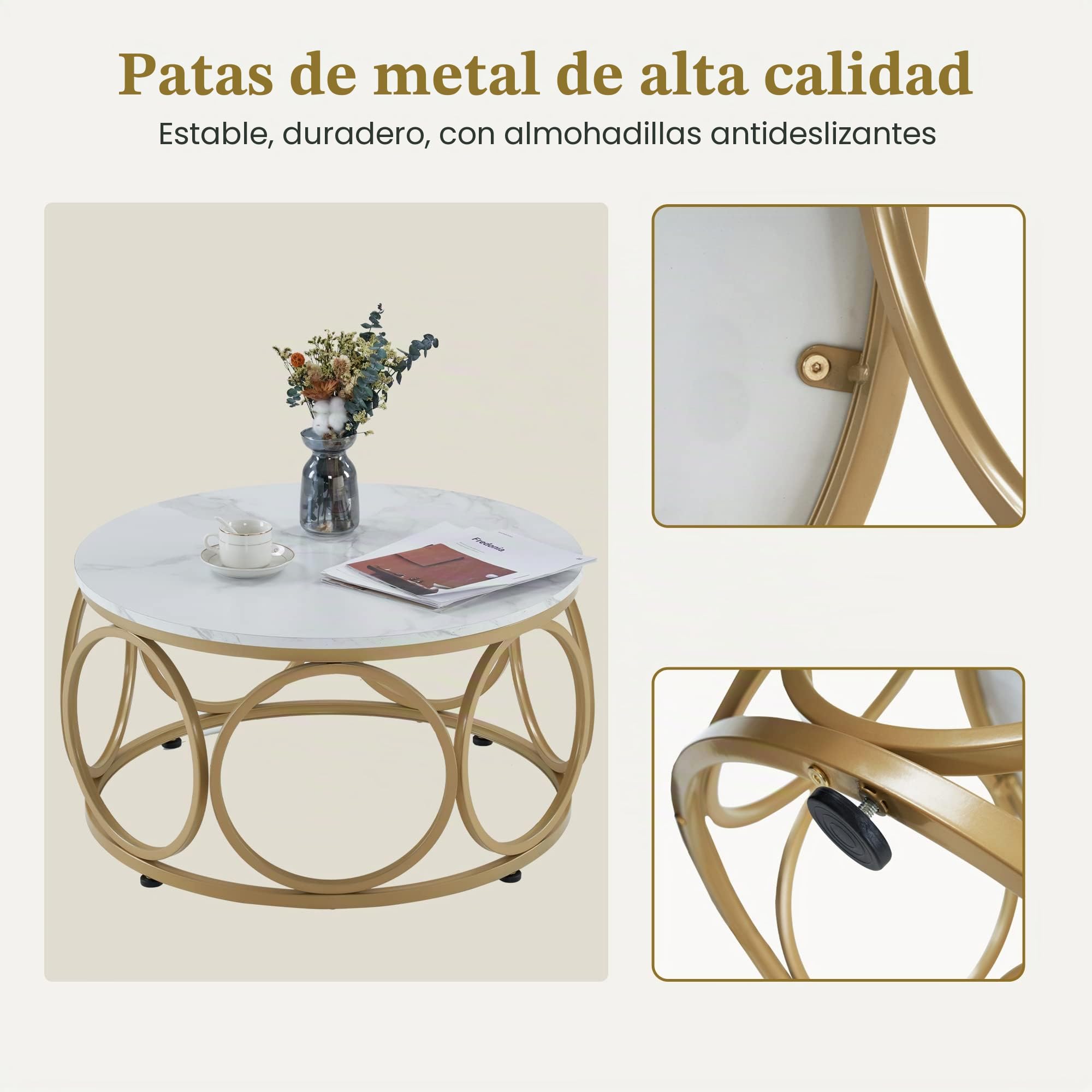 M MCombo Mesa de Centro Redonda de Madera, Moderna, pequeña Mesa de café con Estructura de Metal, Mesa Auxiliar para salón, diámetro 80 cm, 2102