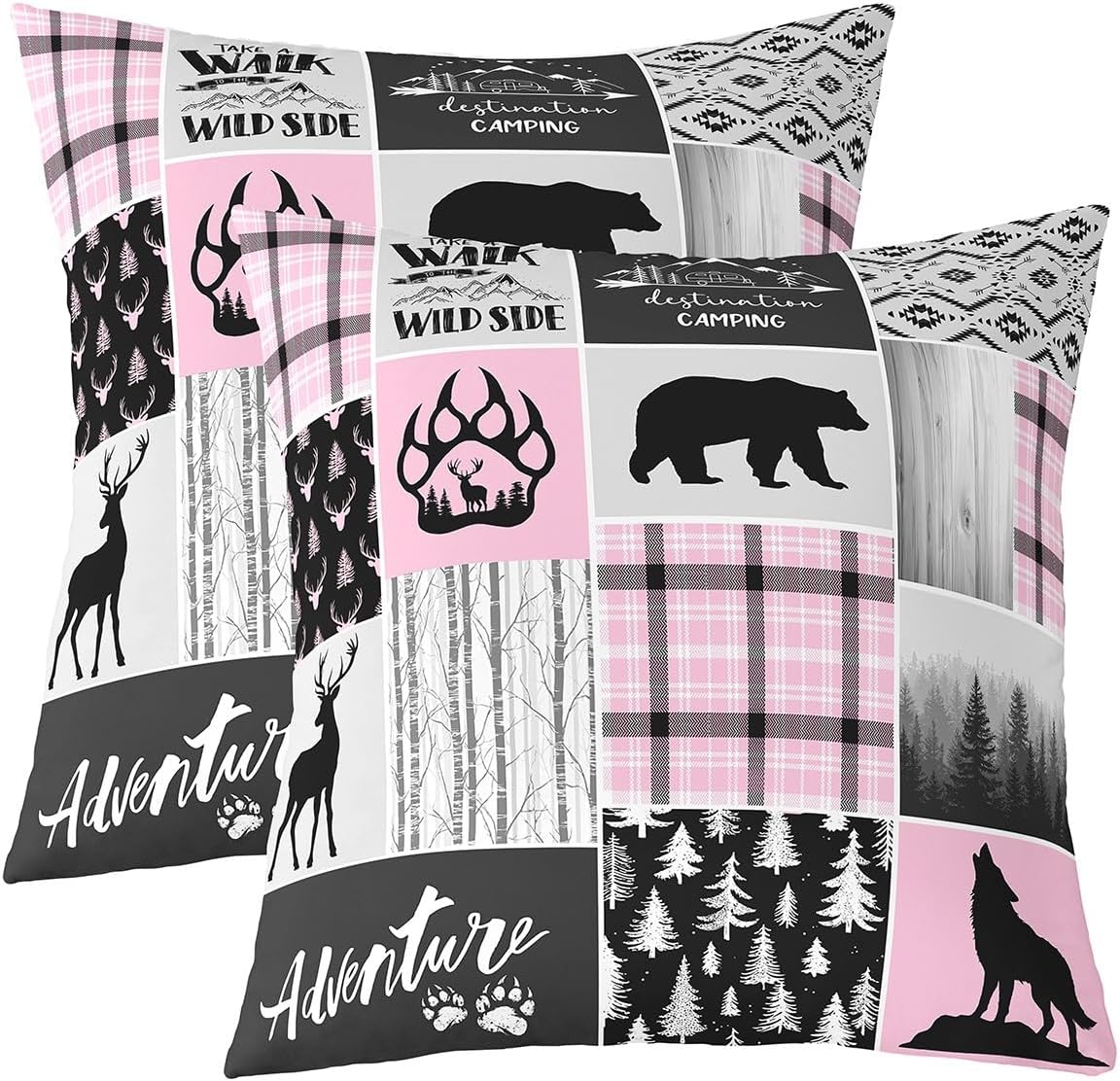 Wild Deer Throw Pillow Covers 22x22 Inch Set of 2 Jungle Pine Trees Cute Animal Paw Print Pillow Cases for Kids Teens Adults Retro Grid Rustic Farmhouse Style Cushion Covers for Couch Chairs Bed