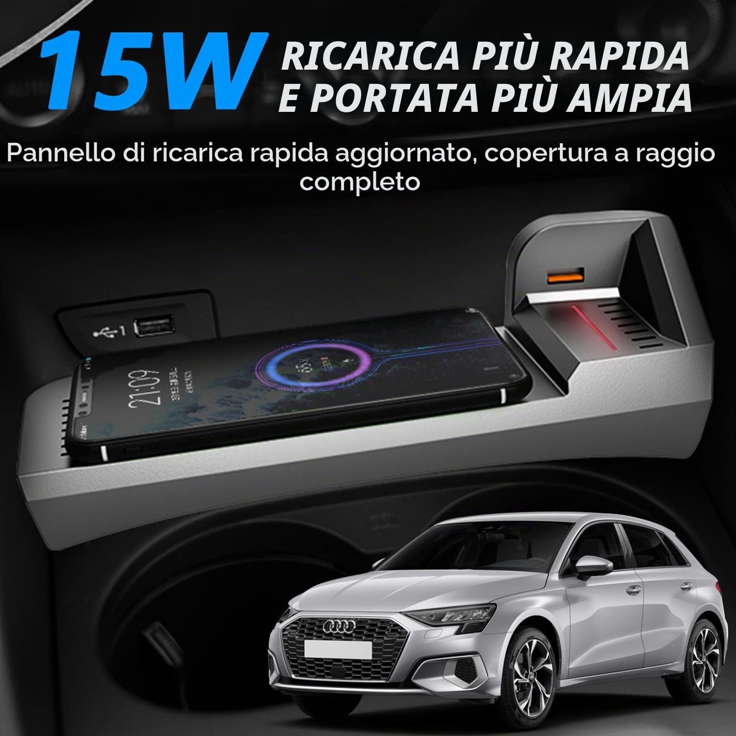 Caricabatteria da Auto Wireless per Audi A3 S3 RS3 2014 2015 2016 2017 2018 2019 2020, 15W Rapida Ricarica Telefono Pad per Audi A3 Console Centrale Accessori, Regalo per Audi Possessori