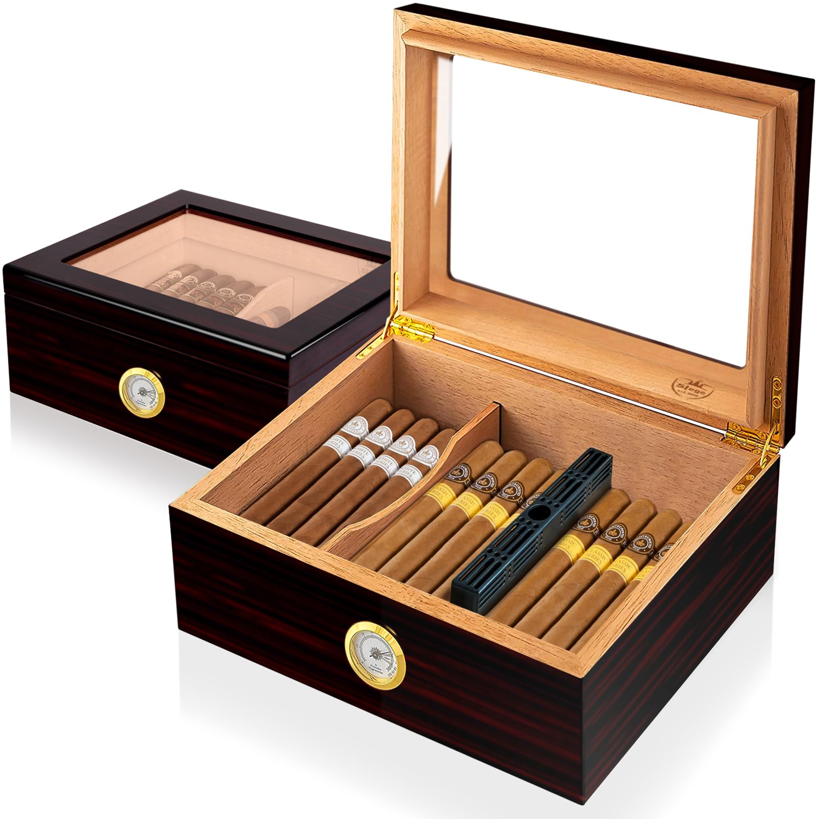 Slege Cigar Humidor, Humidor Cigar Box,Handcraft Cedar Humidors with Hygrometer,Humidifier,Divider-Cuban Cigars Desktop Humidor Glass Top Smoke Storage Box,Men's Gift(25-50 Cigars)