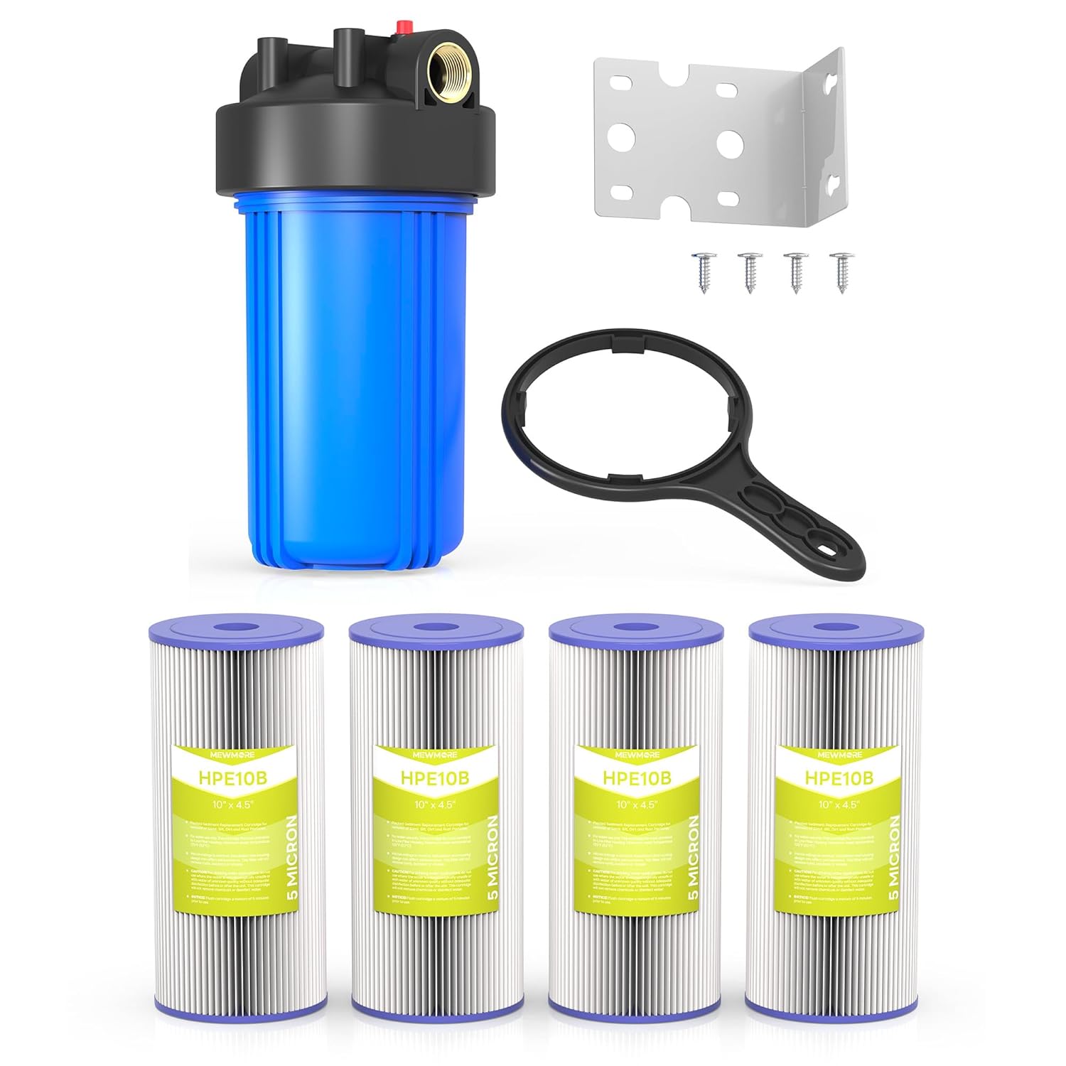 WHB10 10"x4.5" Whole House Water Filter Housing with 5 Micron Pleated Whole House Water Filter Cartridge-Pack of 4