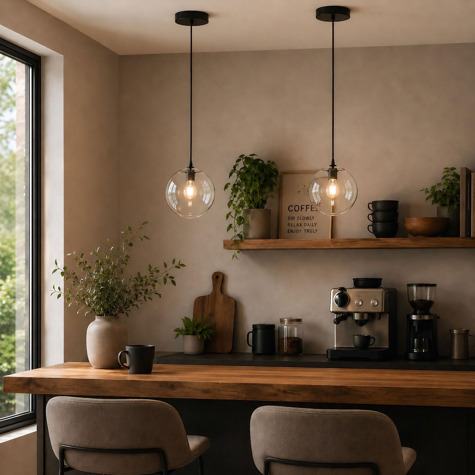 Lampada a Sospensione da Soffitto in Vetro Moderna E27 Globo Trasparente Finitura Dorata Lampadario Regolabile 150cm per Isola Cucina Sala da Pranzo Camera Caffè Corridoio (Nero, 20cm)