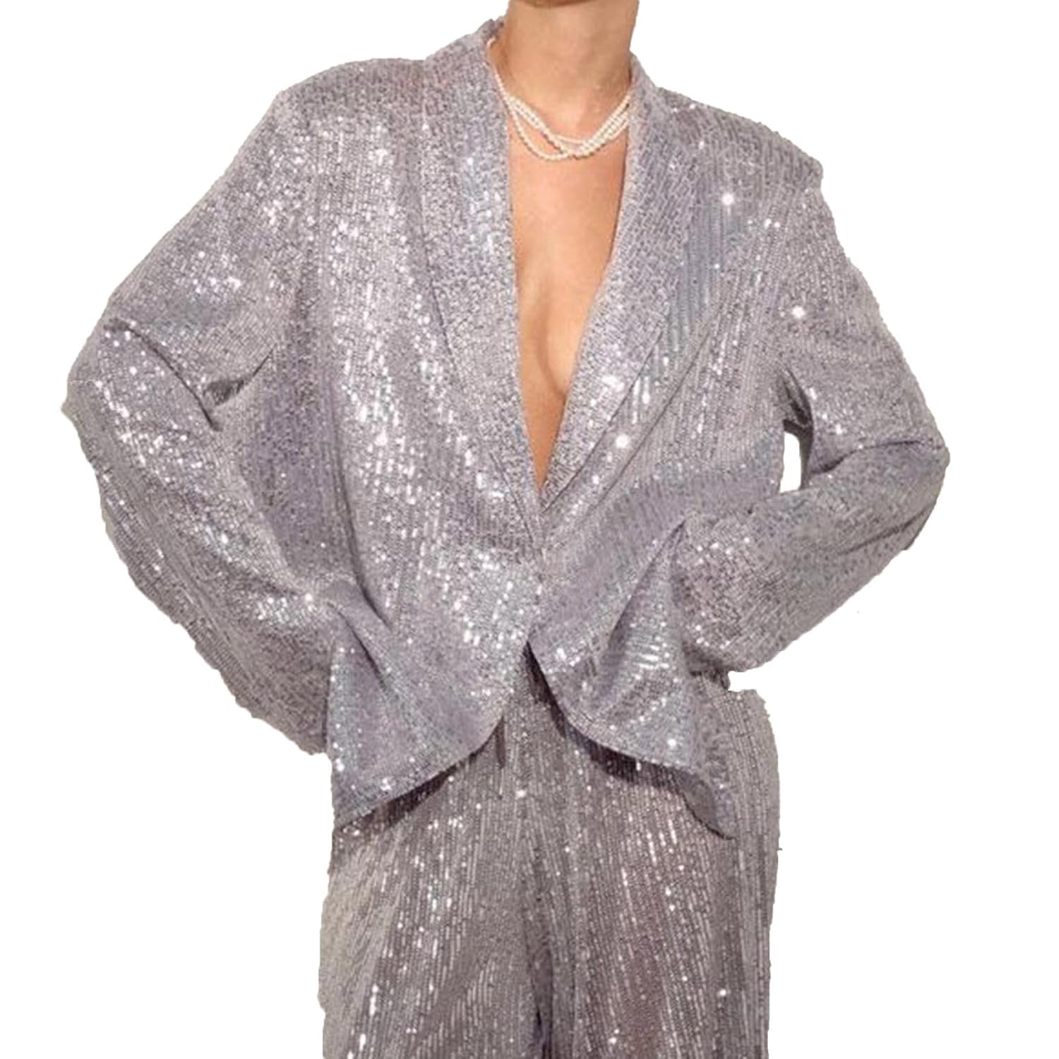 Womens Sequin Blazers Business Casual Shiny Open Front Long Sleeve Blazer Jacket Evening Party Sparkly Cardigan Coat