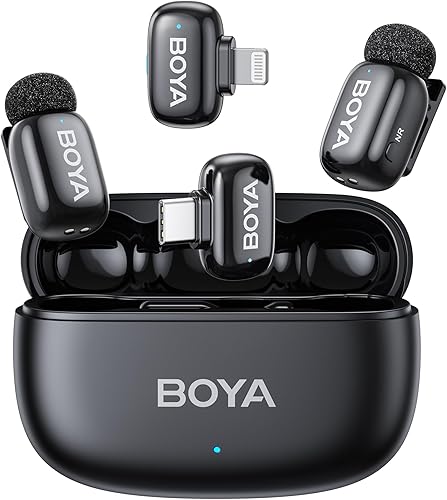BOYA Mini micrófono inalámbrico para iPhoneAndroidPCtabletas con enchufe USB CLightning, certificado MFi, reducción de ruido, cambiador de voz AI,