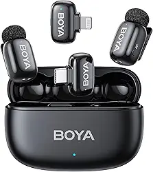 Microfone Sem Fio Boya Mini-12 Lapela Android/iOS, Preto, Conector USB-C e Lightning, Perfeito para Gravações e Transmissões ao Vivo, Áudio Profissional, Design Compacto