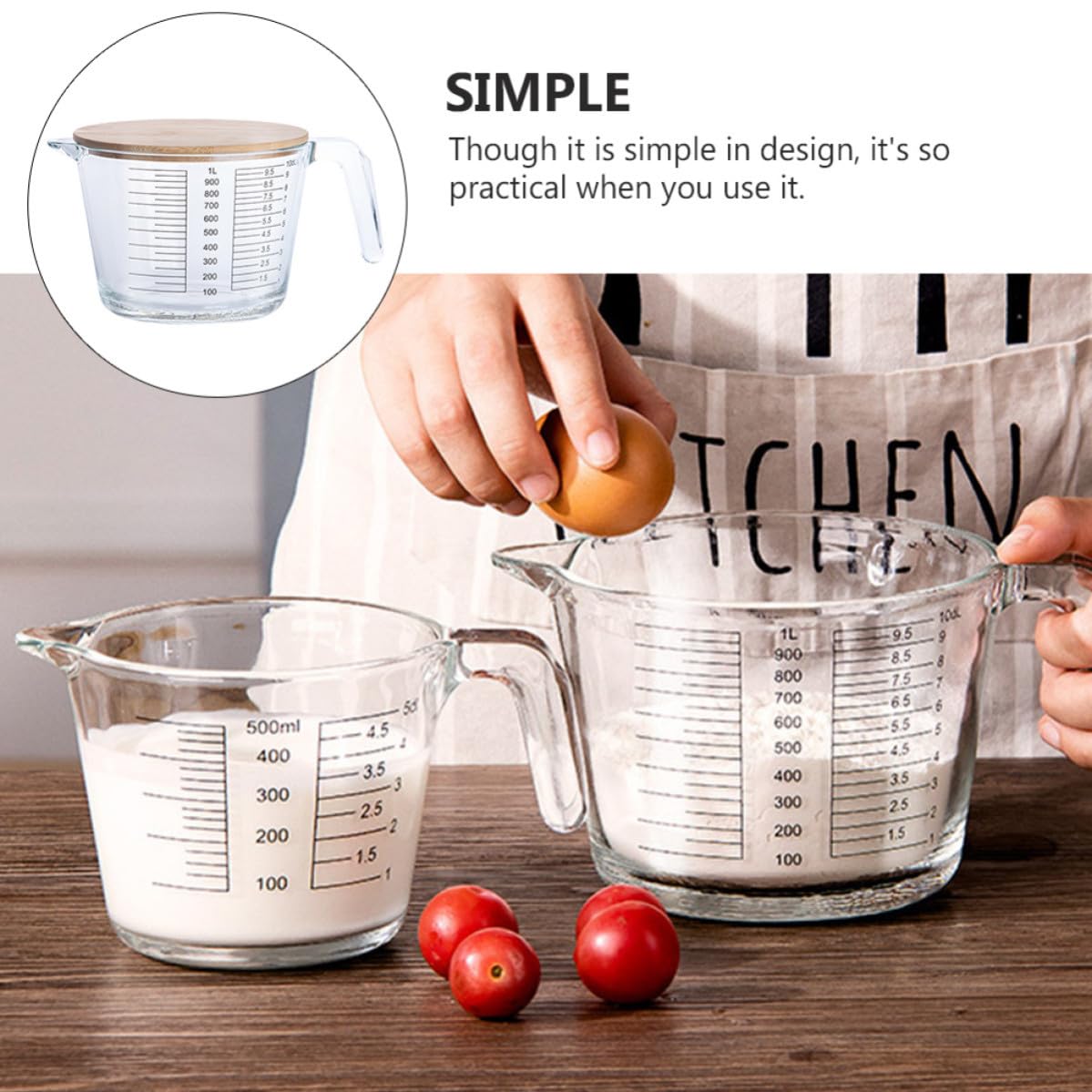 Taza y Mango de Madera Resistente al Calor Medidora de Vidrio con Escala Graduada para Medir Jugos y Cremas en Cocina y Repostería