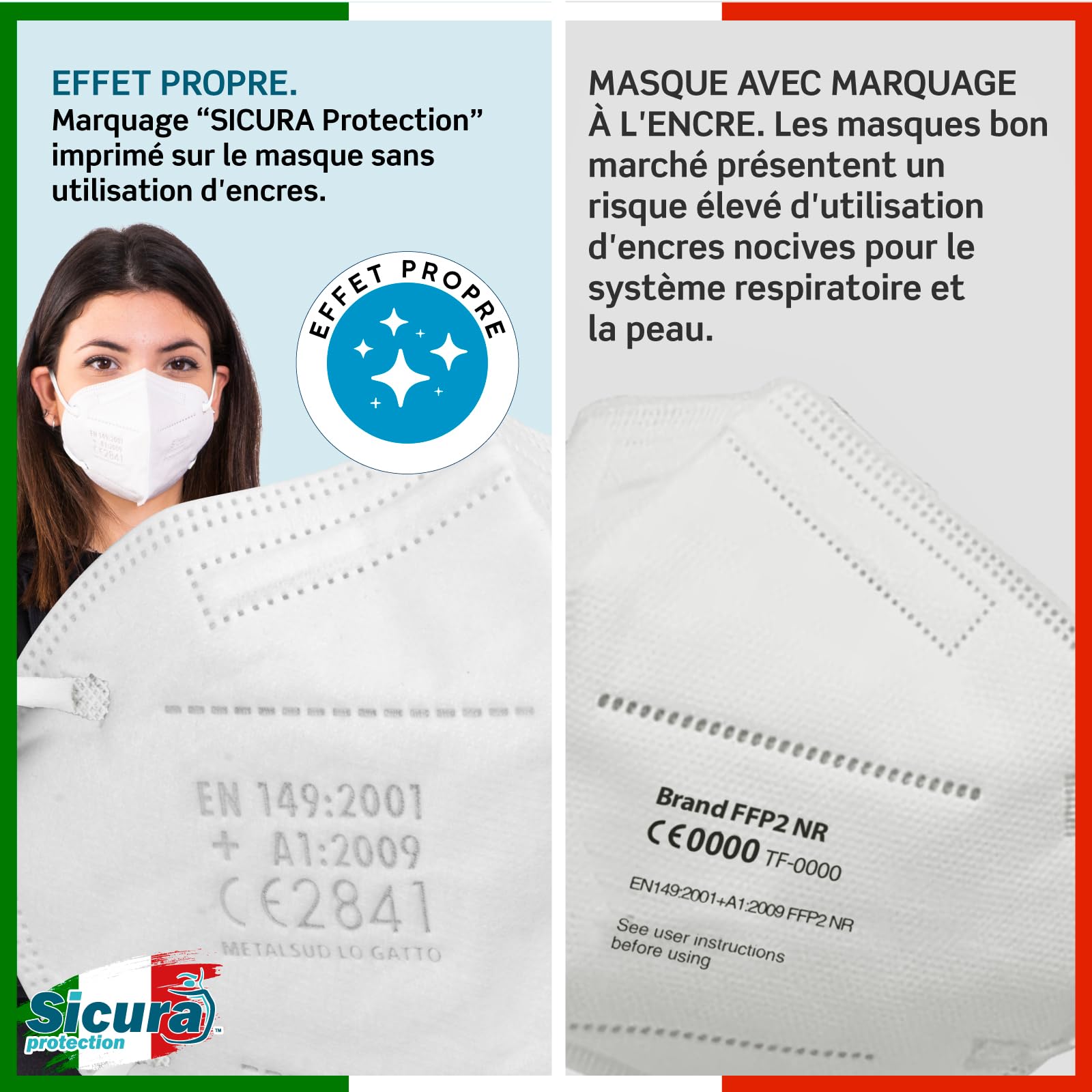 50x masques FFP2 certifié CE Noir et Blanc Made in Italy SICURA logo embossé BFE ≥99% SANITIZED and SEALED Italian FFP2 mask. Contient 25 Noirs + 25 Blancs