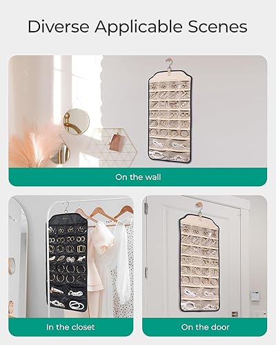 Miniatura 20 de BAGSMART Organizador de joyas colgante con colgador, ganchos de metal, soporte de joyería de doble cara para aretes, collares, anillos en el Negro