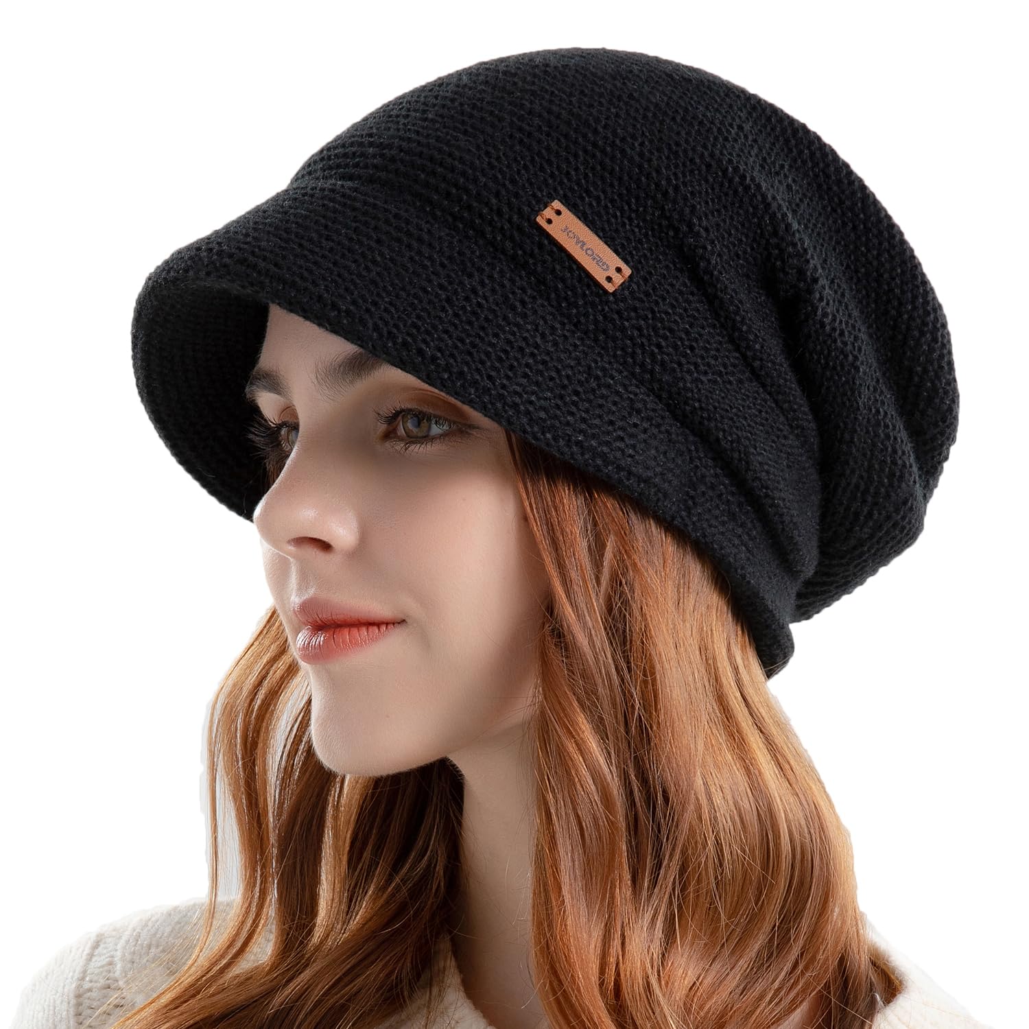 Womens Winter Beanie Hat,Fleece Lining Warm Knitted Slouchy Beanie Hats Cap with Visor