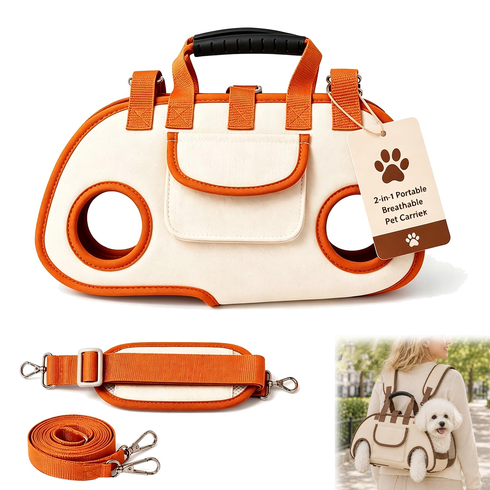 2-in-1 Portable Breathable Pet Carrierk for Small Dogs, Multifunctional Traction Dog Bag with Adjustable, Multi-style Everyday Carry, For Dogs Cats，Orange, Single-shoulder, S — image 1