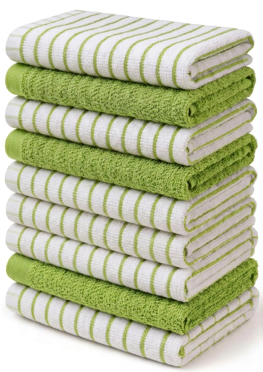 Towelogy® Green Tea Towels for Kitchen | Pack of 9 Large 60x40cm Wonderdry Cotton Terry Dish Drying Towels | Everyday Value Multi-Pack