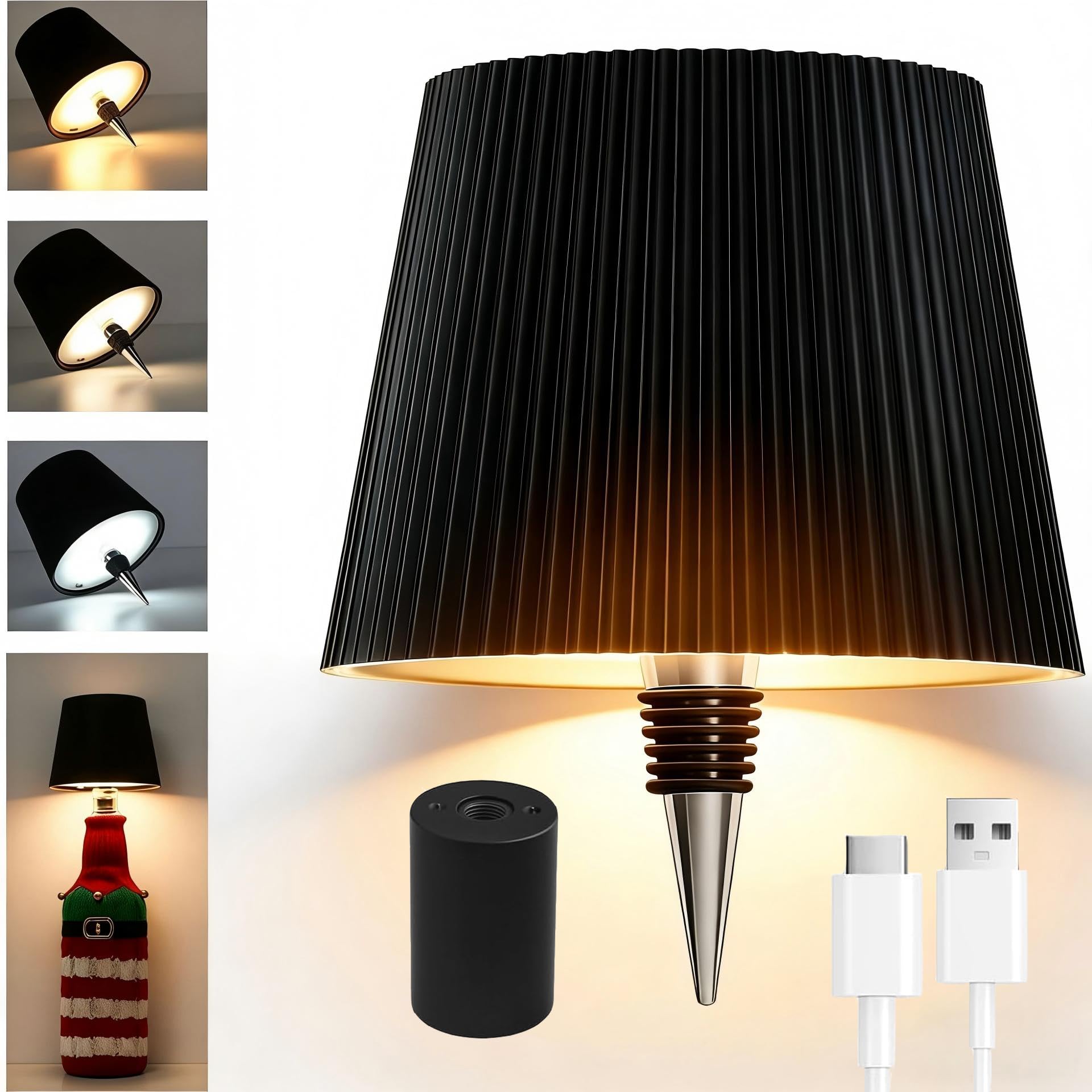LINNIW Wireless Bottle Lamp, Wine Bottle Lamp 3 Color Stepless Dimming, LED Rechargeable Touch Control Wireless Bottle Lampshade for Bedroom, Restaurant, Bar Decoration