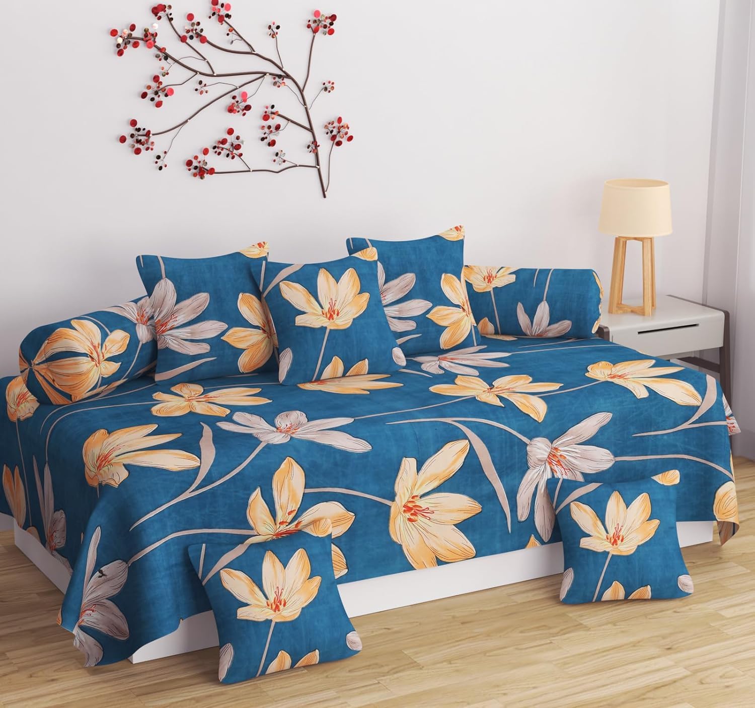 Avalonbedding Diwan Set Covers Cotton 8 Pieces Glace Cotton Designer Printed Standard Diwan Set (1 Single Bedsheet, 2 Bolster Covers, 5 Cushion Covers) (Blue)-image-25