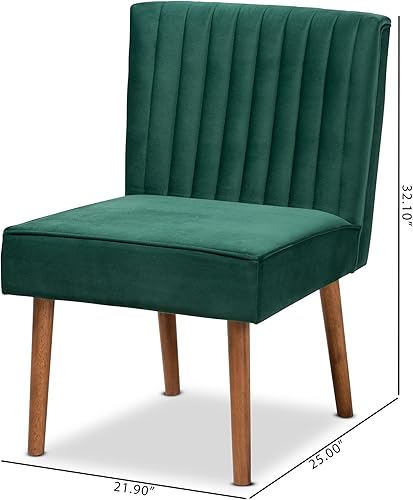 Miniatura 3 de Baxton Studio Alvis Mid-Century - Silla de comedor de madera tapizada en terciopelo verde esmeralda y acabado marrón nogal