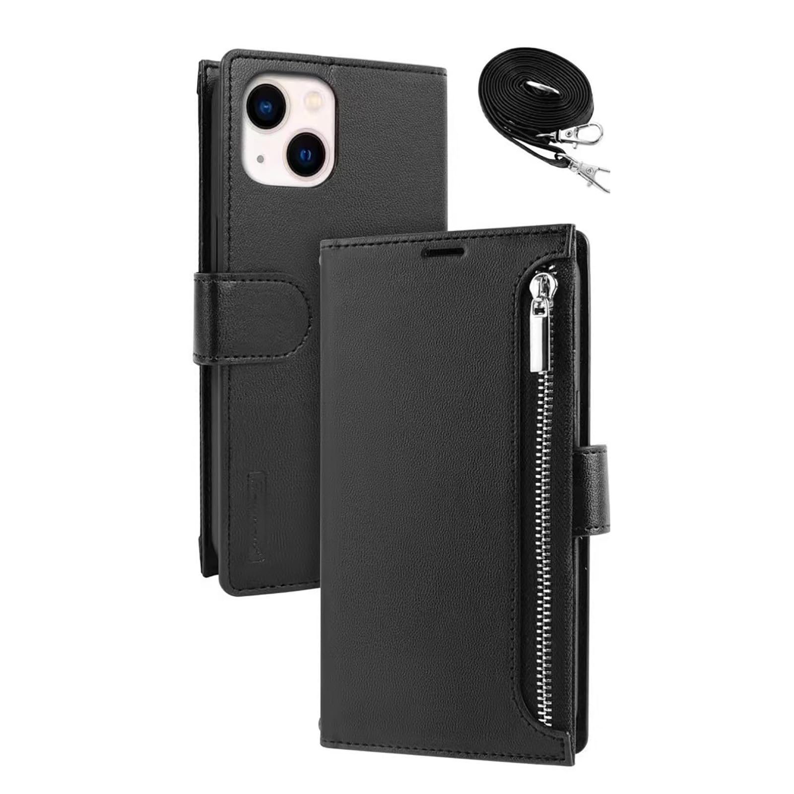 ridaexFlip Case for iPhone 15ProMax/15Pro/15Plus/15, Wallet Leather Flip Case Card Holder Slots Zipper Pocket Case Kickstand with Wrist Strap Shockproof,Black,15Plus 6.7''