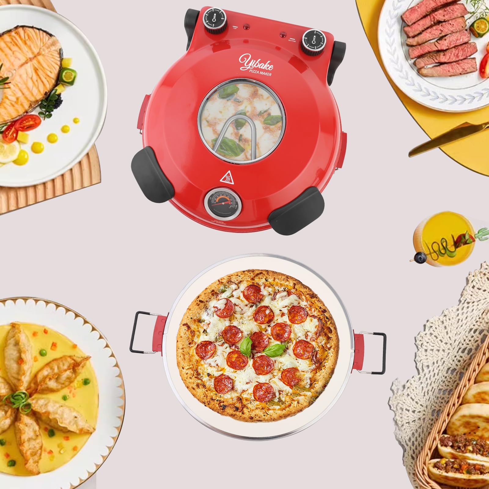 Elektryczny piec do pizzy, ogniotrwały kamień do pizzy, 1200 W, 4 minuty pizzy w ekspresie do pizzy, podwójna regulacja temperatury, ze skórkami do pizzy i skrobakiem, czerwony