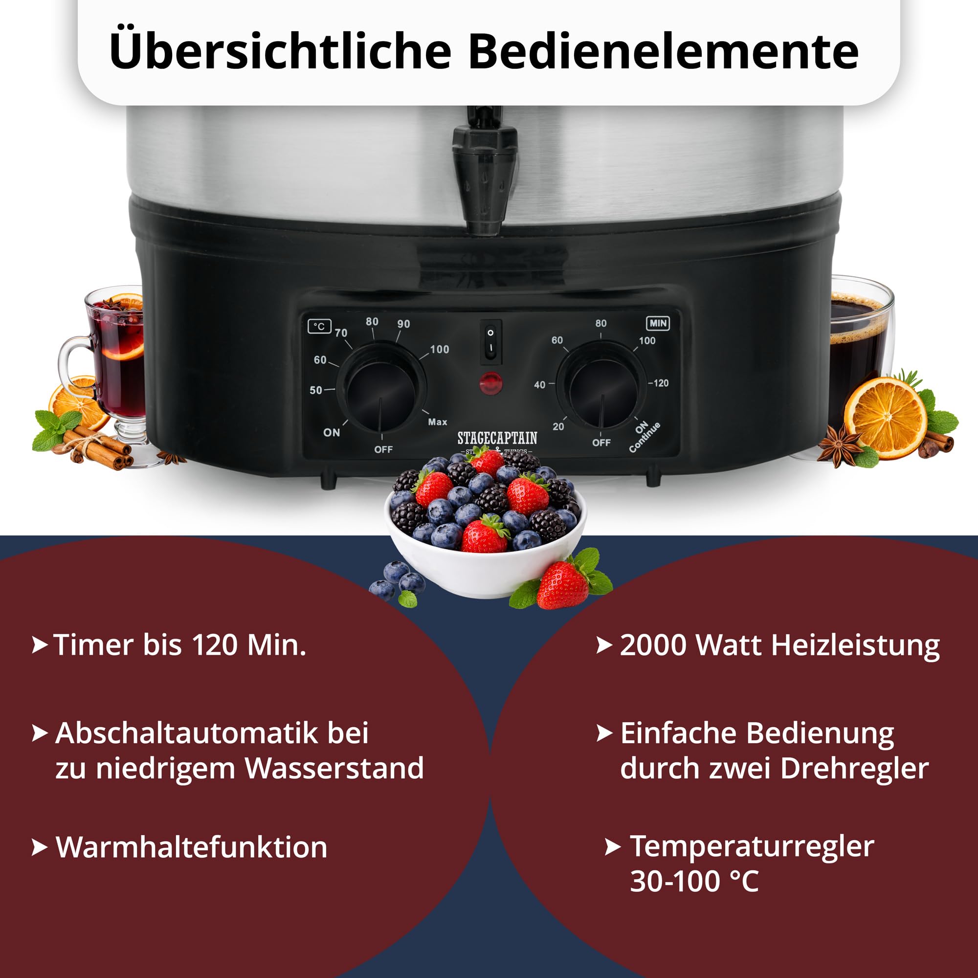 Stagecaptain GWK-16A Glühweinkocher - Einkochautomat mit 16 Liter - 2000 Watt - Gebürsteter Edelstahl - Einfache Bedienung (Temperatur und Zeitschaltuhr) - Abschaltautomatik - Silber