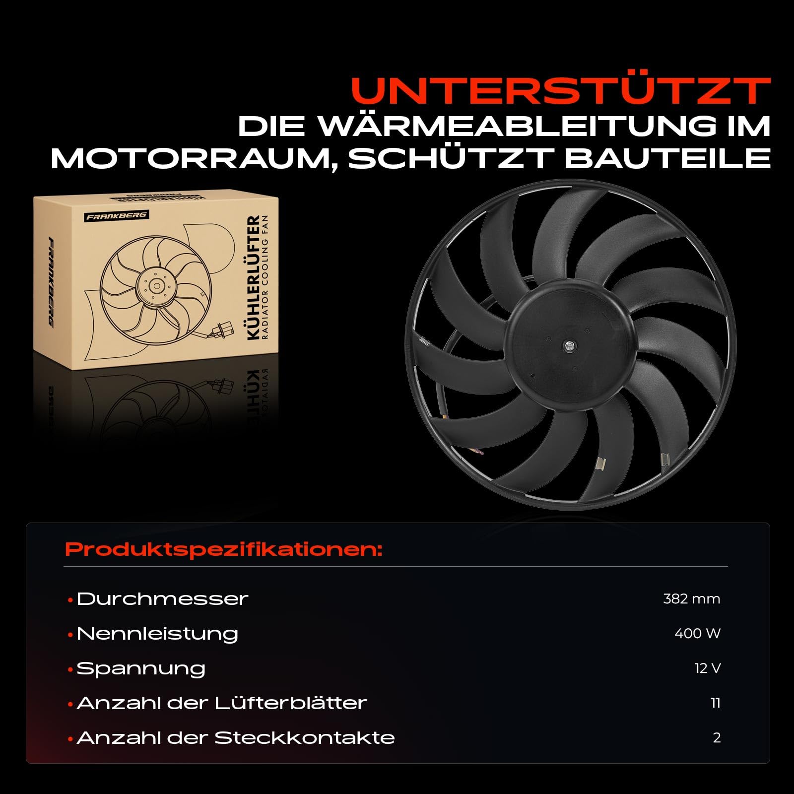 Frankberg 1x Lüfter Motorkühlung Kühlerlüfter Vorne Links Kompatibel mit A4 1.6L-3.0L 1997-2008 A6 2.0L 2001-2005 Exeo 3R2 1.6L-2.0L 2008-2013 Exeo ST 3R5 1.6L-2.0L 2009-2013