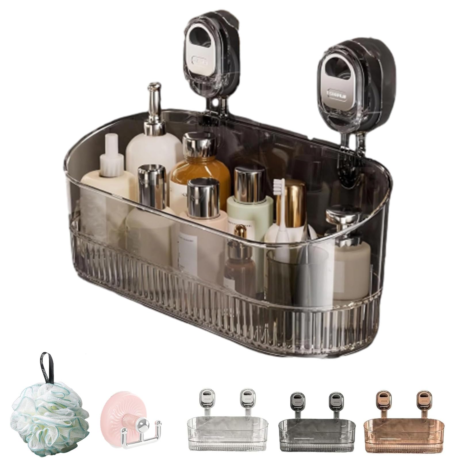 Hbviret No-Drill Bathroom Suction Storage Box – Large Capacity & Strong Load-Bearing, Corrugated Suction Cup Shower Caddy Hanging Shower Shelf with Drain Hole, Removable Shower Organizer (Gray)