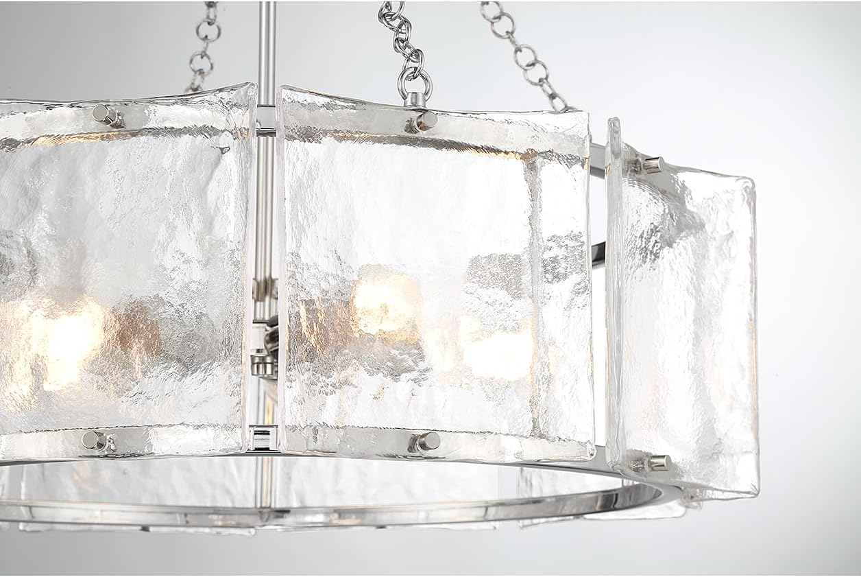 Savoy House 1-8200-5-109 Genry Coastal Ocean-Inspired Clear Water Piastra Glass Drum Pendant, 5-Light 300 Total Watts, 26" H x 26" W, Polished Nickel