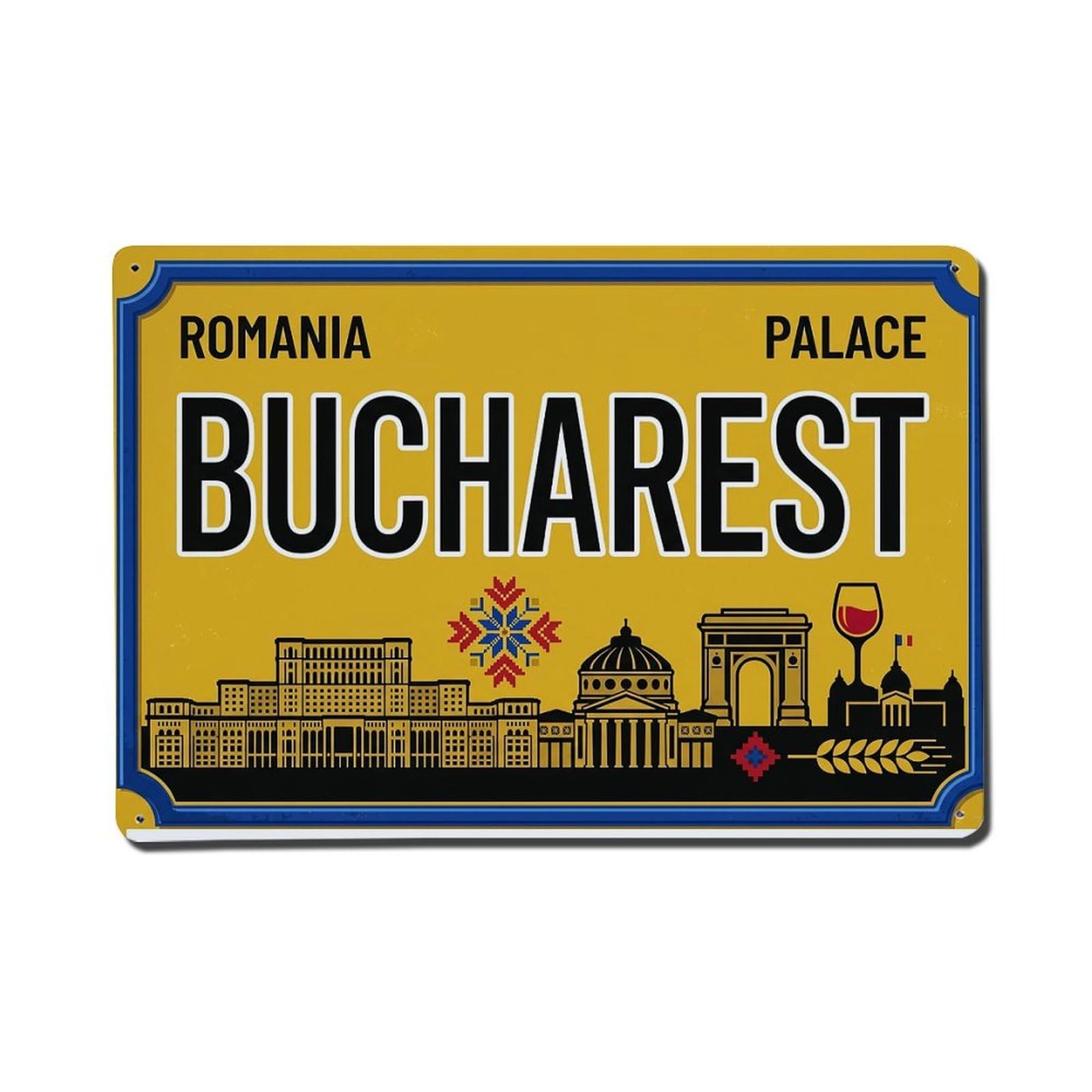 Cwbufd 8X12inch(20X30cm) Vintage Travel Bucharest Palace Parliament Metal Tin Sign Plaque Wall Decor For Cafe, Club Bar, Office, Garden Metal Poster 8X12inch