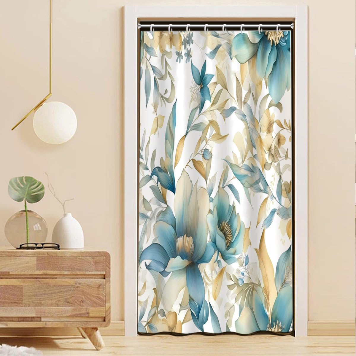 Rideau de douche anti-moisissure en tissu imperméable fleurs bohèmes bleu et or