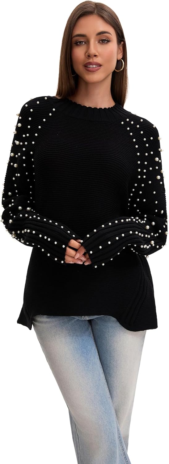 Froggirl Women's Chunky Knit Oversized Sweater Drop Shoulder Long Sleeve Ribbed Crewneck Pullover with Pearls