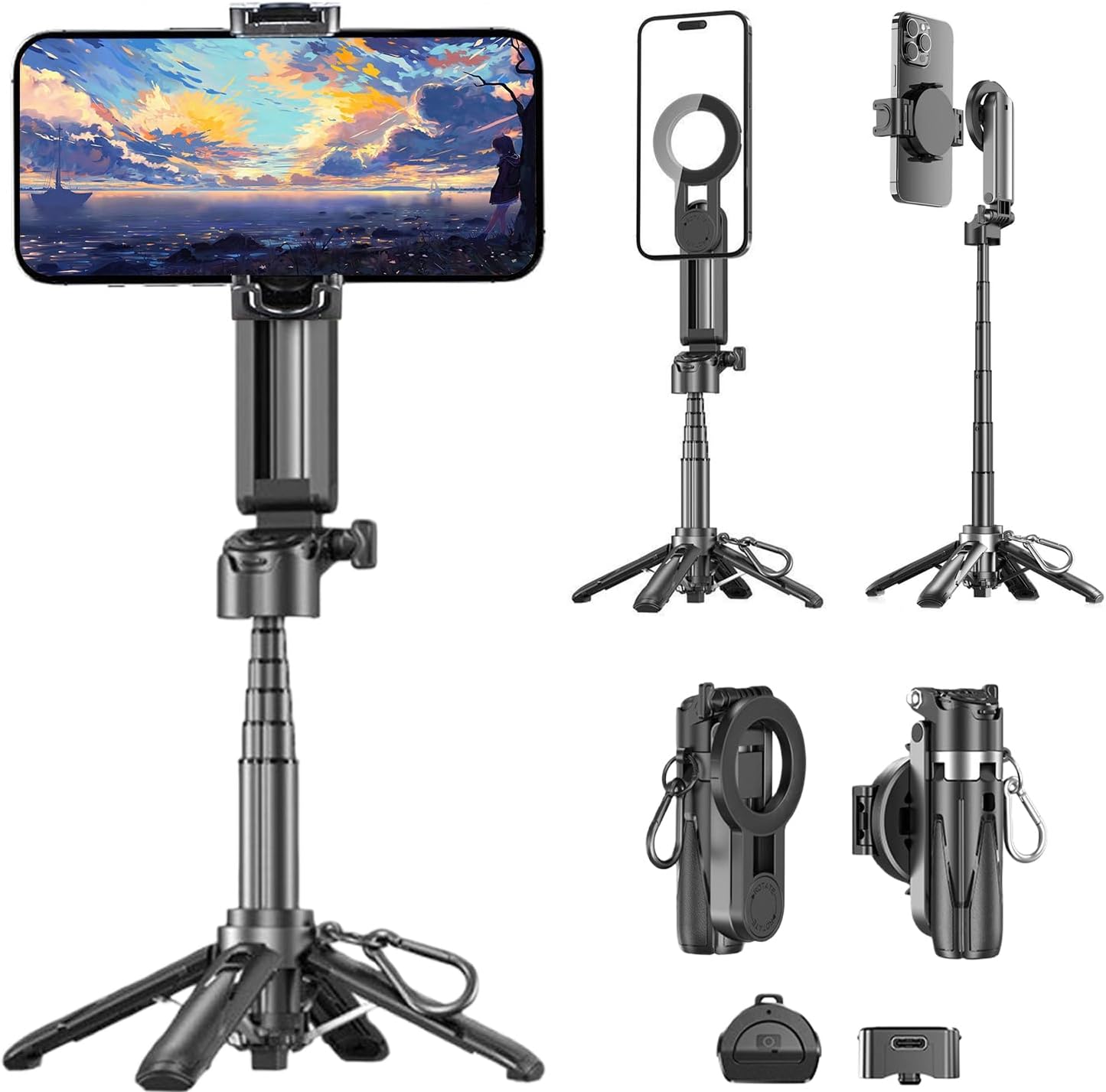 for Magnetic Tripod Stand for iPhone Pocket-Size Selfie Stick Mag-Safe Tripod Phone Holder with Wireless Rechargeable Remote Control for Vlogging/Photography Black