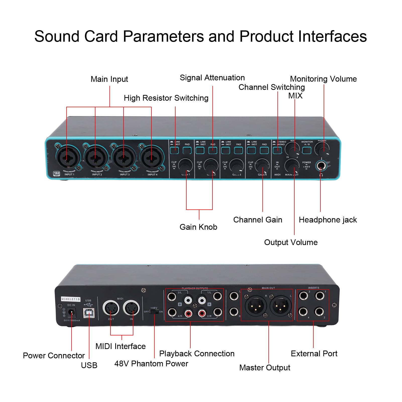 Professional 4 Kanäle Sound Card Computer Audio Interface, Plug and Play 4 in 4 Out 92 Khz High Fidelity XLR TSR TS Port USB Sound Schnittstelle Zum Aufnehmen