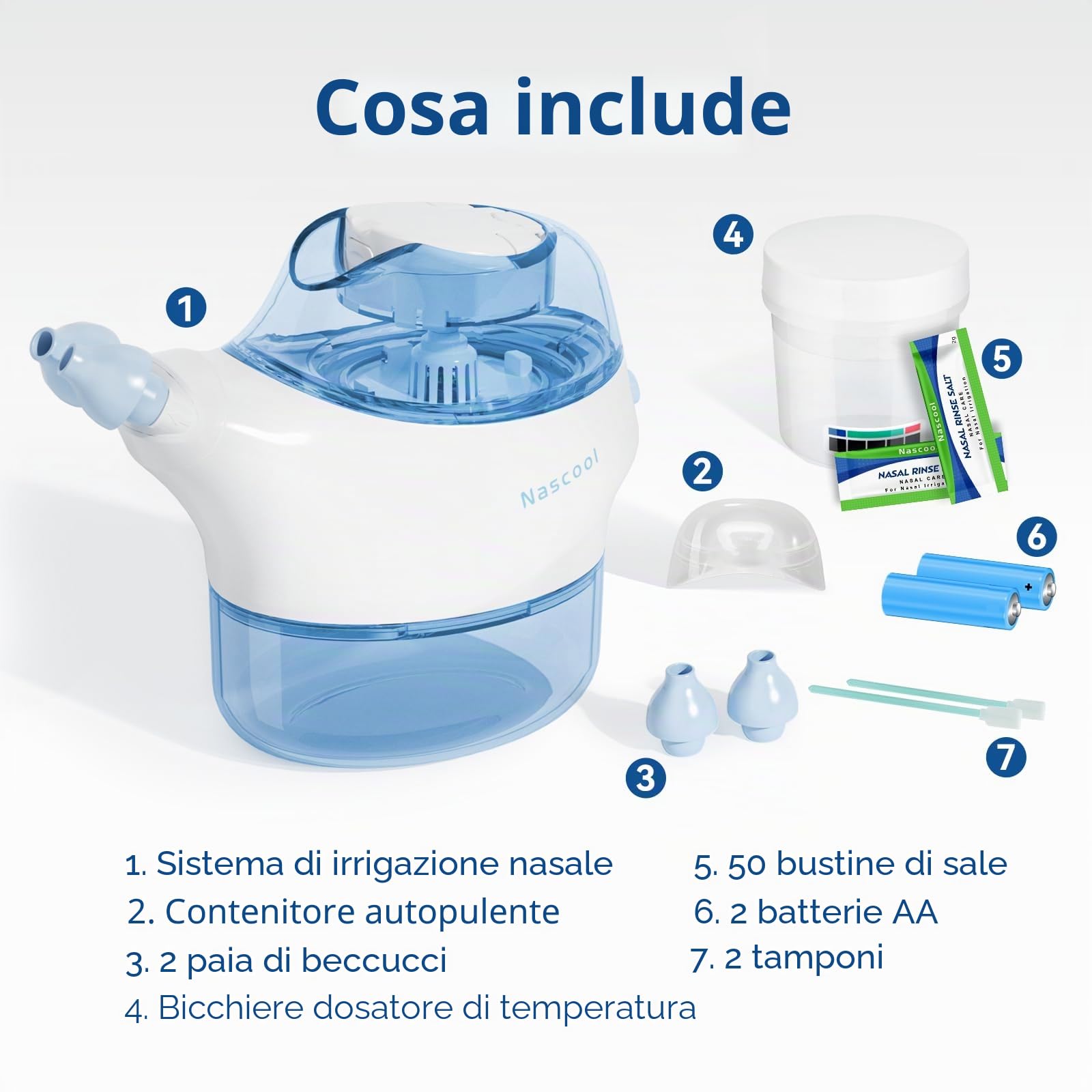 Sistema di irrigazione nasale Nascool, doccia nasale per adulti, macchina elettrica per l'irrigazione del seno Neti Pot per la cura del naso con 50 sali nasali, blu