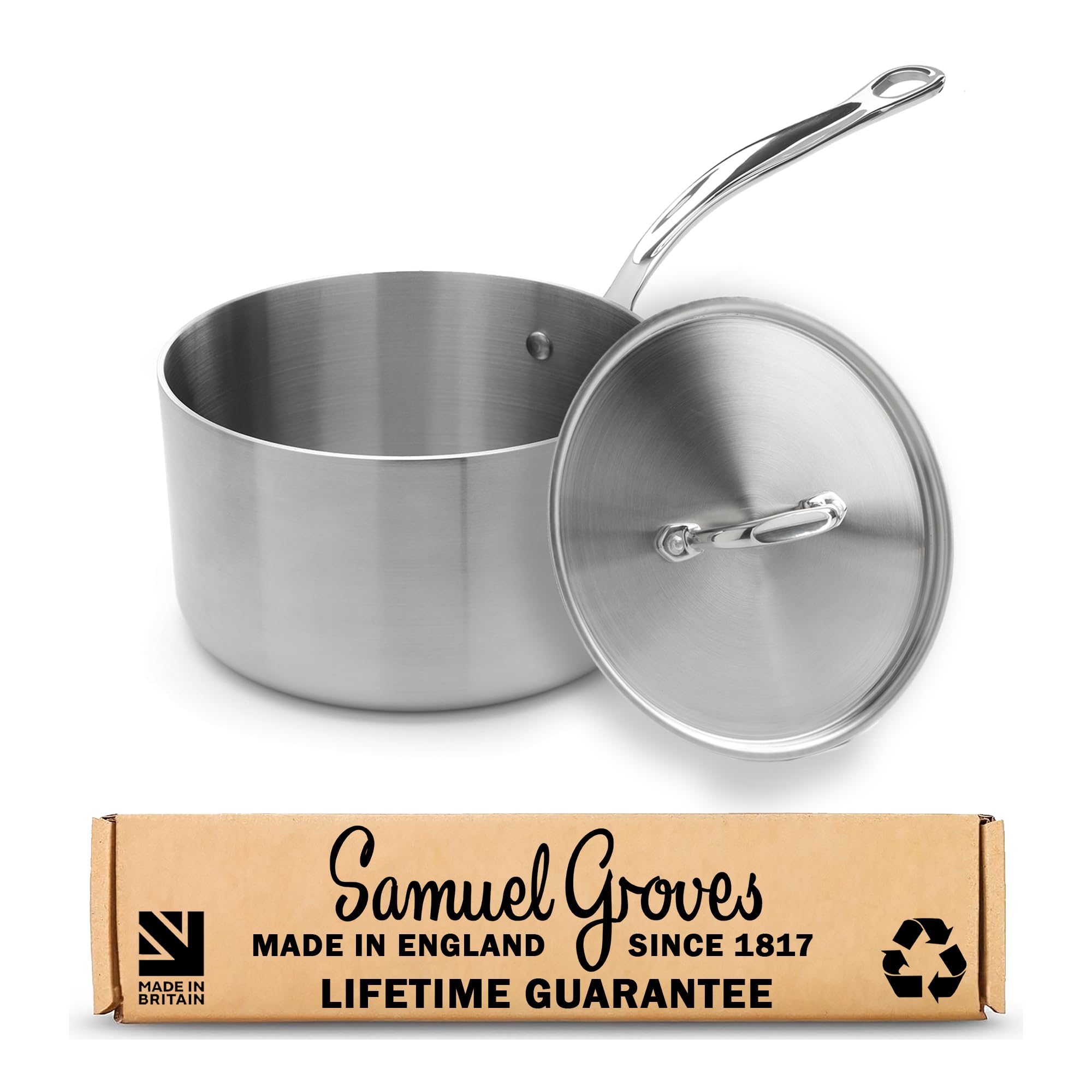 Samuel Groves Stainless Steel 18Cm Saucepan With Lid, Tri-Ply Induction Sauce Pan, Oven Safe Professional Cookware, Uncoated Metal Pan For Gas, Electric & Ceramic Hobs, Made In England Since 1817