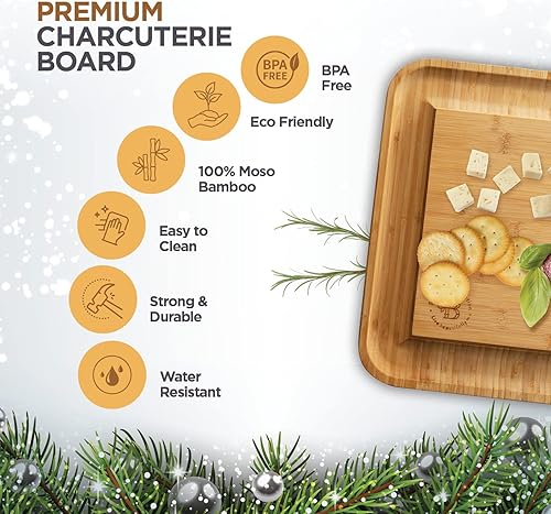 Vista 22 de Juego de regalo de tabla de embutidos – Tabla de queso de bambú y bandeja para servir para carne, queso, galletas, frutas – Tablas grandes de madera