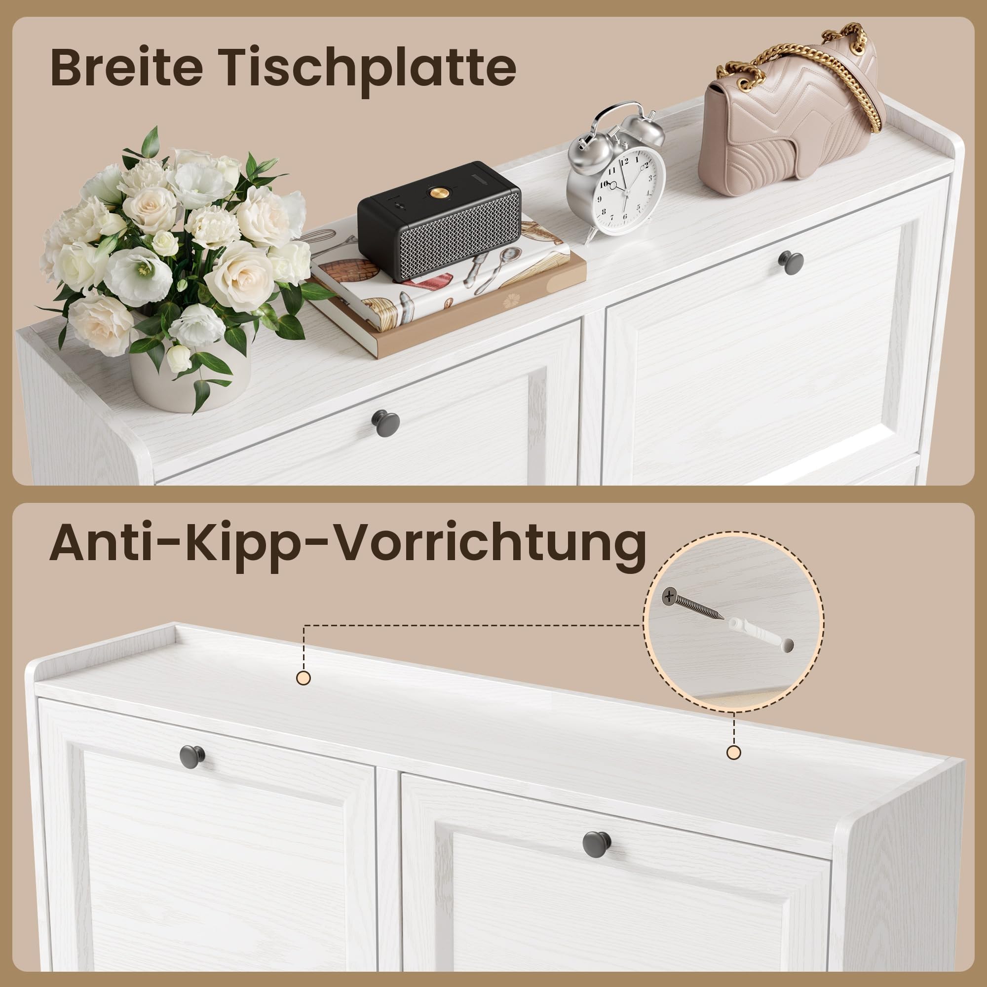 Bealife Schuhschrank mit 4 Klappen – dünner und moderner Schuhschrank mit eingezäunter Decke, Stauraum für Eingang/Flur, 99 x 24 x 91 cm, Kapazität 16 Paar (weiß)