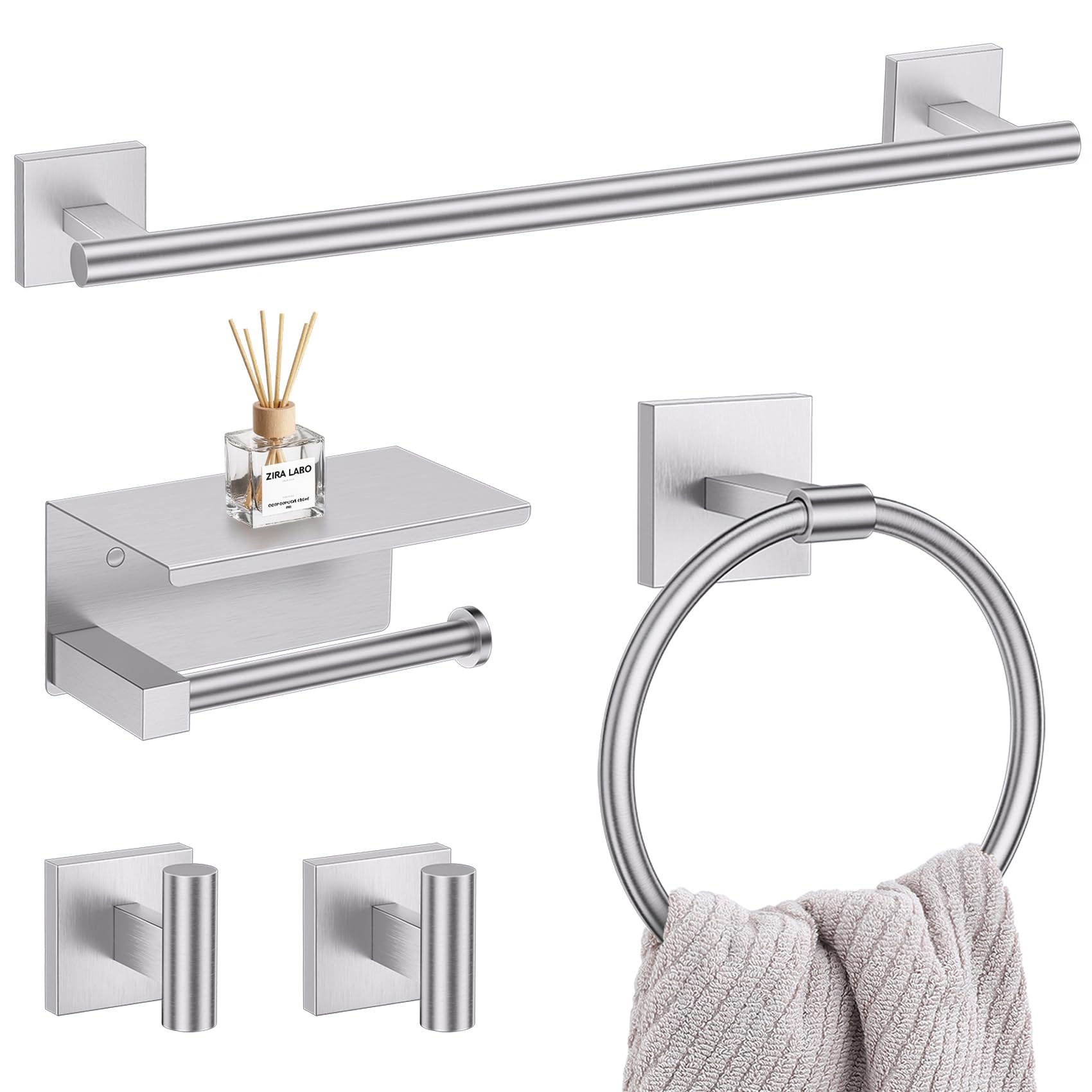 LMYSXAOZ 5-Piece Brushed Nickel Bathroom Hardware Set, SUS304 Stainless Steel Accessories Set 23.6 inches Towel Bar, Toilet Paper Holder with Shelf, Ring and Two Hooks Wall-Mounted