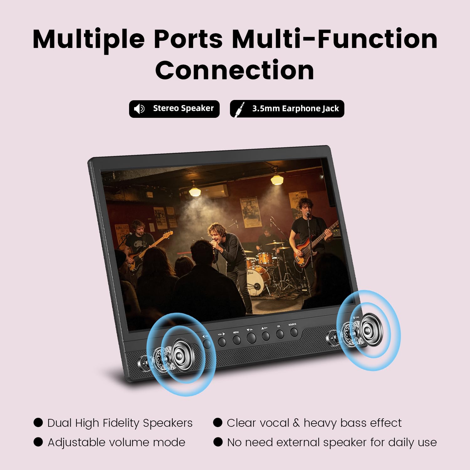 Jexiop Piccolo TV LED HD da 14 pollici, ATSC integrato, supporto doppio per montaggio a parete e desktop-HDMI-USB-AV IN-12 V/AC per camper e cucina