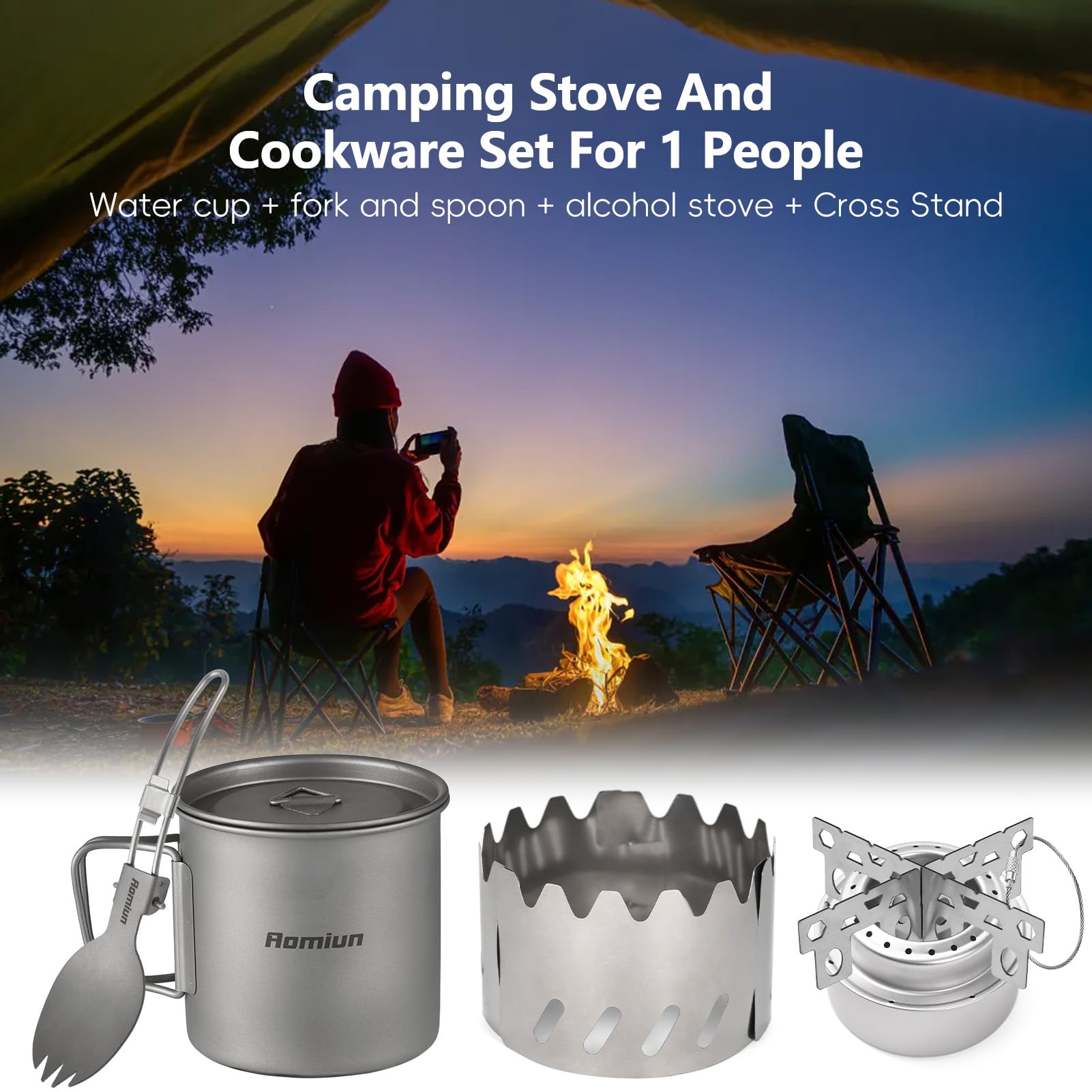 Taza De Titanio para Camping, 500ml Juego De Vasos De Camping con Parabrisas, Hornillo De Alcohol Y Soporte para Estufa para Senderismo