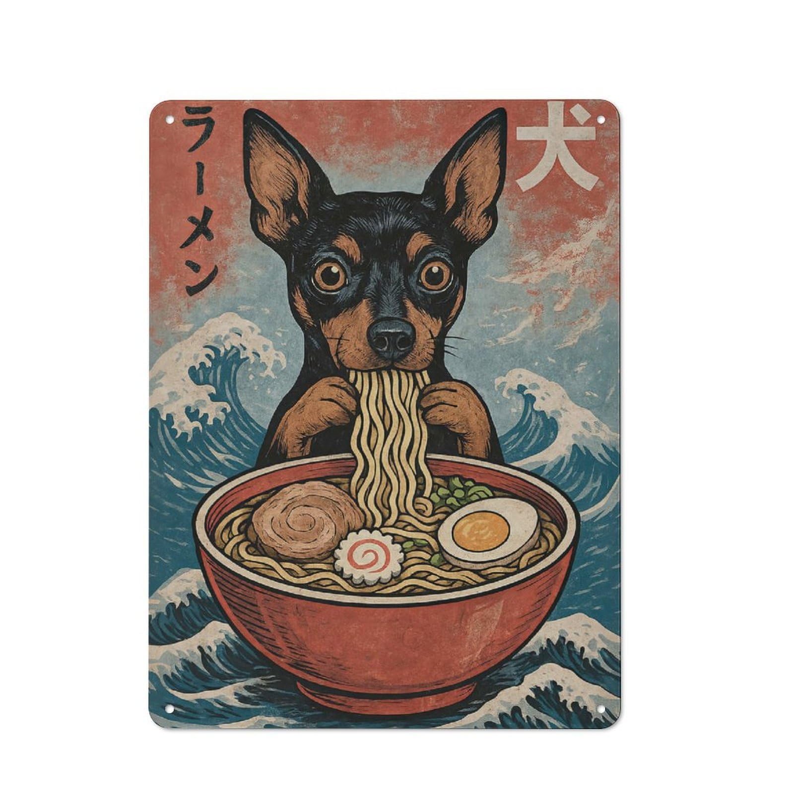 Junmoney Style-13 Classic Miniature Pinscher Eating Ramen Metal Gift Sign 40X30cm, Small Space Decor For Home, Shop, Pub Or Studio Wall