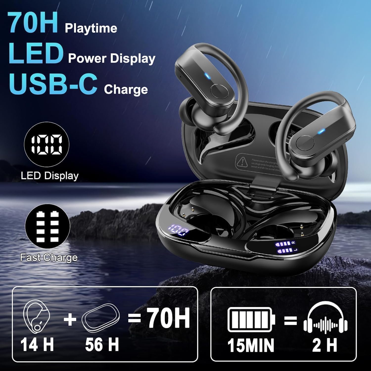 Auriculares Inalambricos, 70Hrs Auriculares Bluetooth Deportivos 5.4 con 3D Estéreo, 2026 Cascos Inalambricos, IPX8 Impermeable Cancelacion Ruido ENC Mic, In-Ear Auriculares Running Sport Pantalla LED