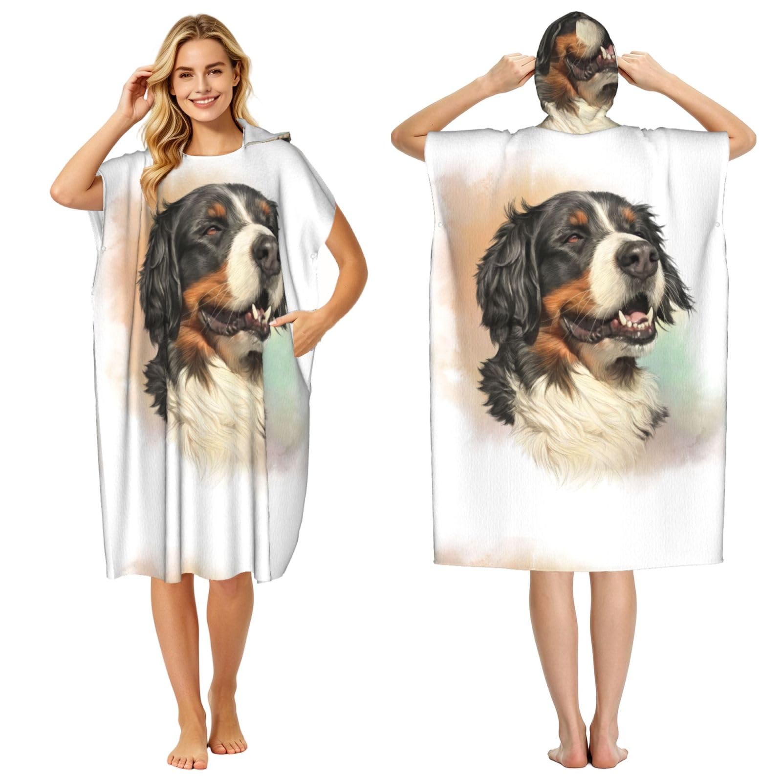 Poadnly Bernese Mountain Dog Realistic Portrait Berner, Adult Hooded Beach Towel 90 x 110 cm,Changing Bath Robe, Surf Poncho Towel For Women Men