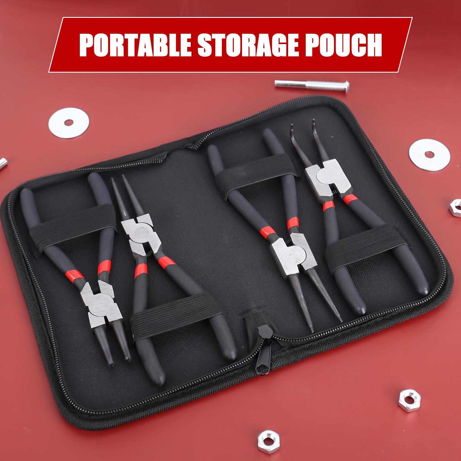 Set di 4 pinze per anelli elastici, 180 mm, con borsa portatile, pinze per anelli di sicurezza per interni ed esterni, pinze dritte e angolate