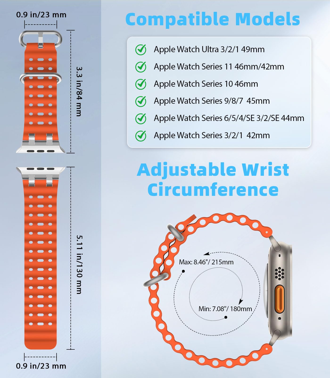 MoKo Cinturino Ocean Compatibile con Apple Watch Ultra 3/2/1 49 mm, S11/S10 46 mm, 9/8/7 45 mm, SE3/SE2/SE/6/5/4 44 mm, 3/2/1 42 mm, Cinturino Sportivo in Silicone Traspirante
