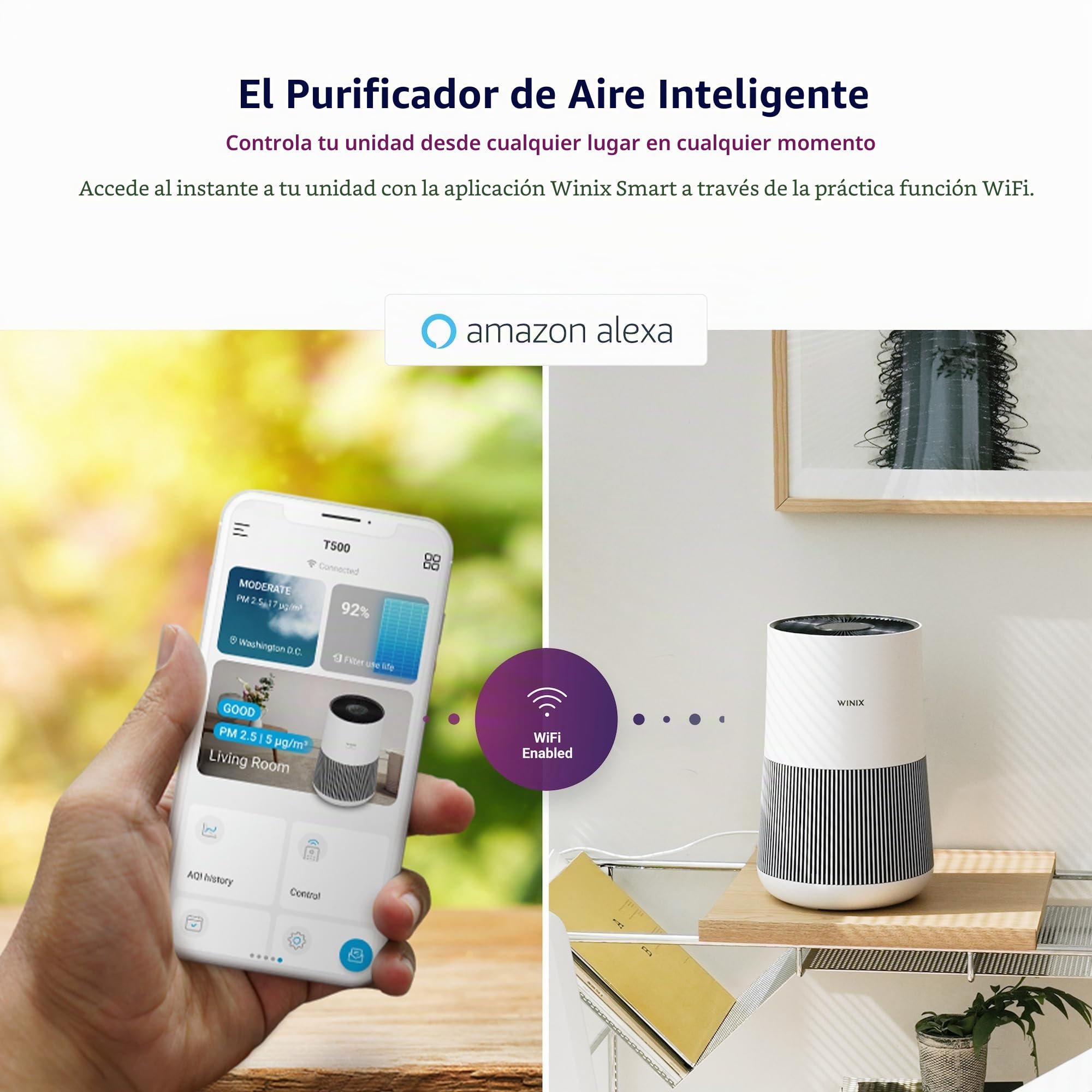 WINIX Purificador de aire T500 WIFI para alérgicos, CADR 250 m³/h, 50 ㎡, purificador de aire con filtro HEPA para habitaciones de fumadores contra alergias, polvo, polen, pelo de animales, comentarios