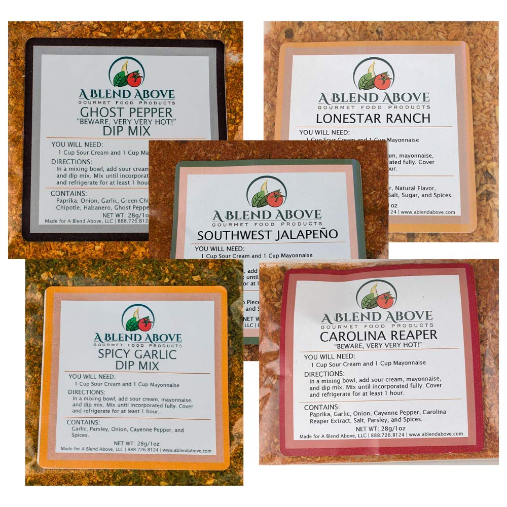 A Blend Above Spicy Dip Mix 5 Pack Includes Spicy Garlic, Lonestar Ranch, Ghost Pepper, Carolina Reaper, and Southwest Jalapeño Spicy Dip, Gluten-Free, No MSG, All Natural, No Preservatives, Vegetable Dip, Keto Friendly, Low Carb, Low Sodium, Easy to Make