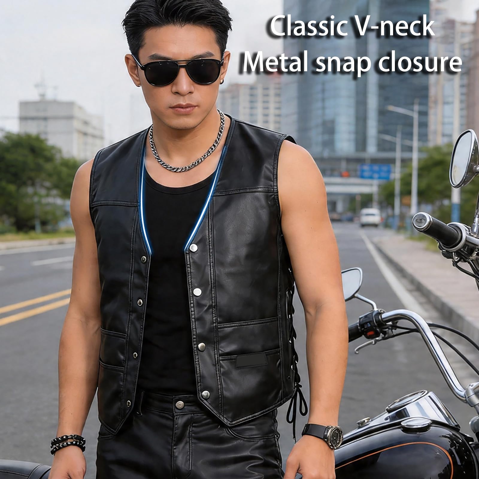 ARMAAN Gilet Da Uomo In Similpelle Nera, Senza Maniche, Stile Biker, Con Lacci Laterali Regolabili E Tasche, Gilet Effetto Pelle Con Scollo A V, Stile Motociclista