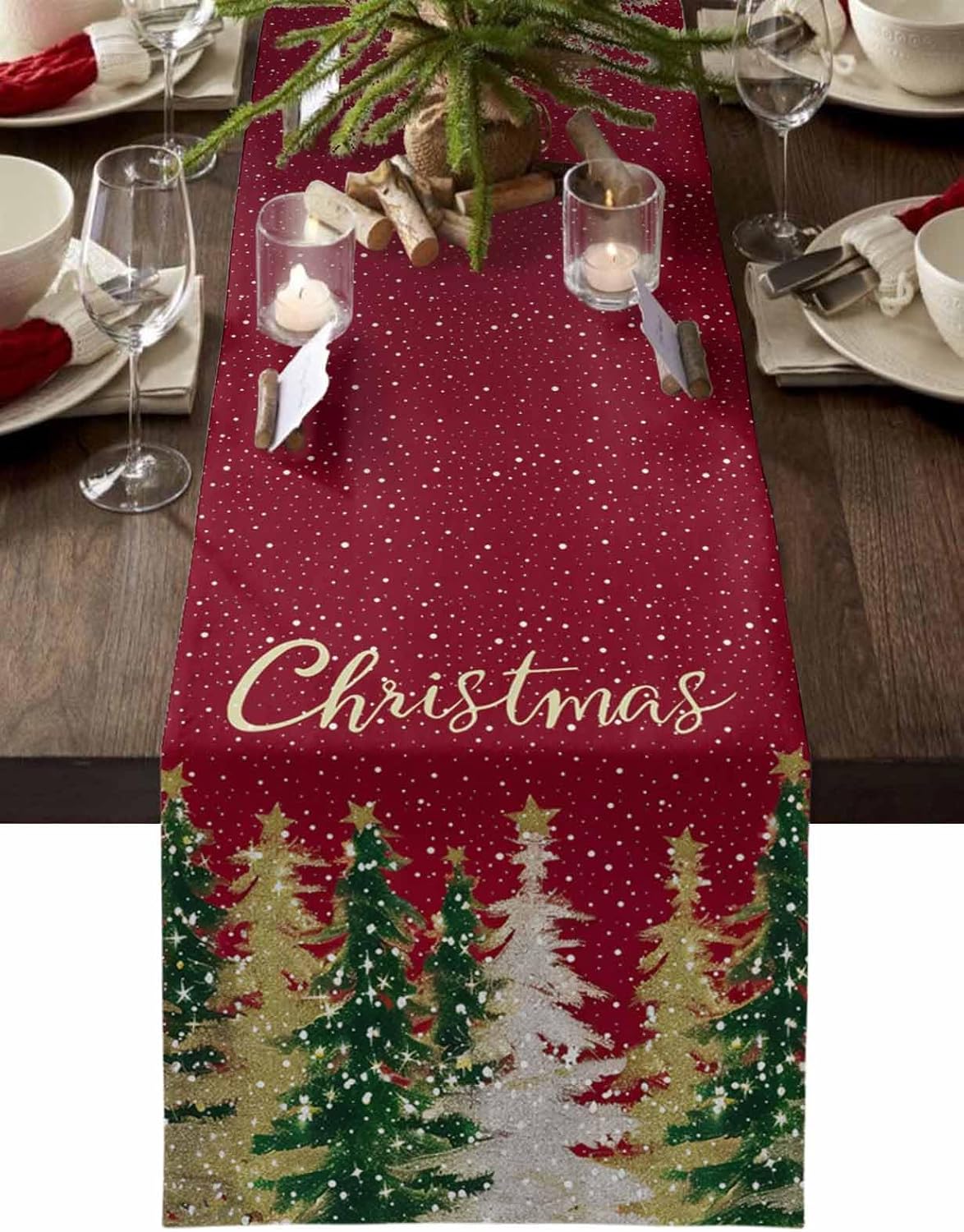 Christmas Tree Table Runner 13x120 Inches Long Gold Pine Tree Runner for Table Red Snowflake Table Runners Washable Cotton Linen Dresser Scarf for Kitchen Coffee Banquet Xmas Holiday Party Decor