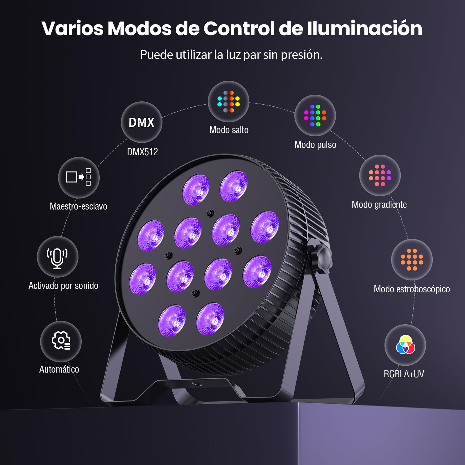 BETOPPER Focos Par LED 12x18W, Luces Escénicas RGB+Lima+Ámbar+UV 6-en-1 con Efecto Wash/Strobe, DMX512/Activación por Sonido, para DJ, Fiestas, Conciertos, Bares (4 Unid.)