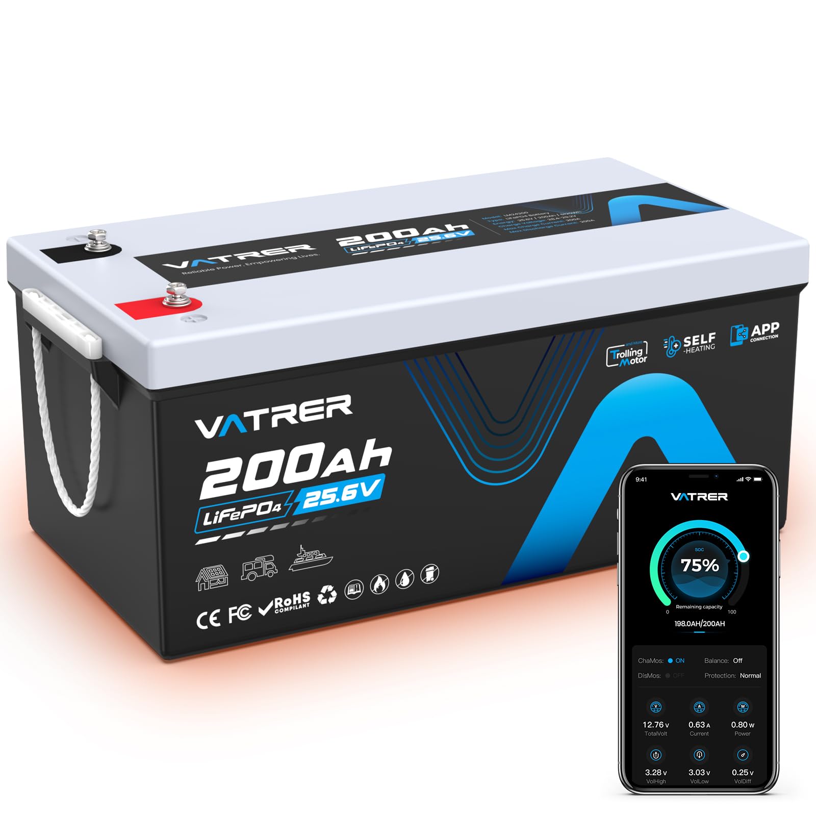 VATRER POWER Batteria LiFePO4 25,6V 200Ah Autoriscaldante Bluetooth | BMS Smart 200A·5120Wh Energia Utilizzabile·5000+ Cicli·Motore Elettrico,Camper & Fotovoltaico