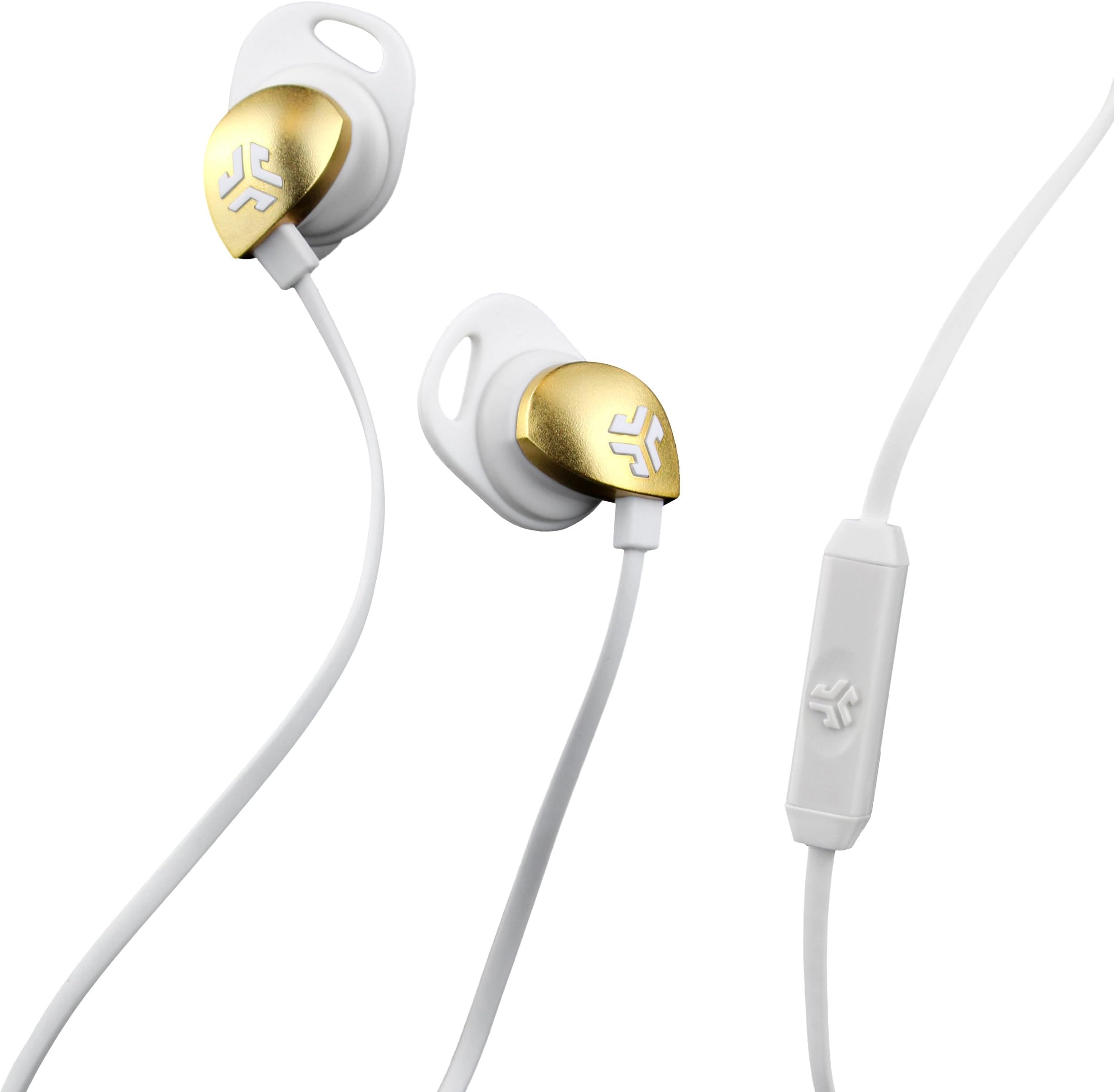 JlabEpic-WHTGLD-Box Audio Epic Earbuds with Massive 13mm C3 Drivers, Easy-to-Use Track Control, Customizable Cush Fins & Guaranteed for Life - White/Gold